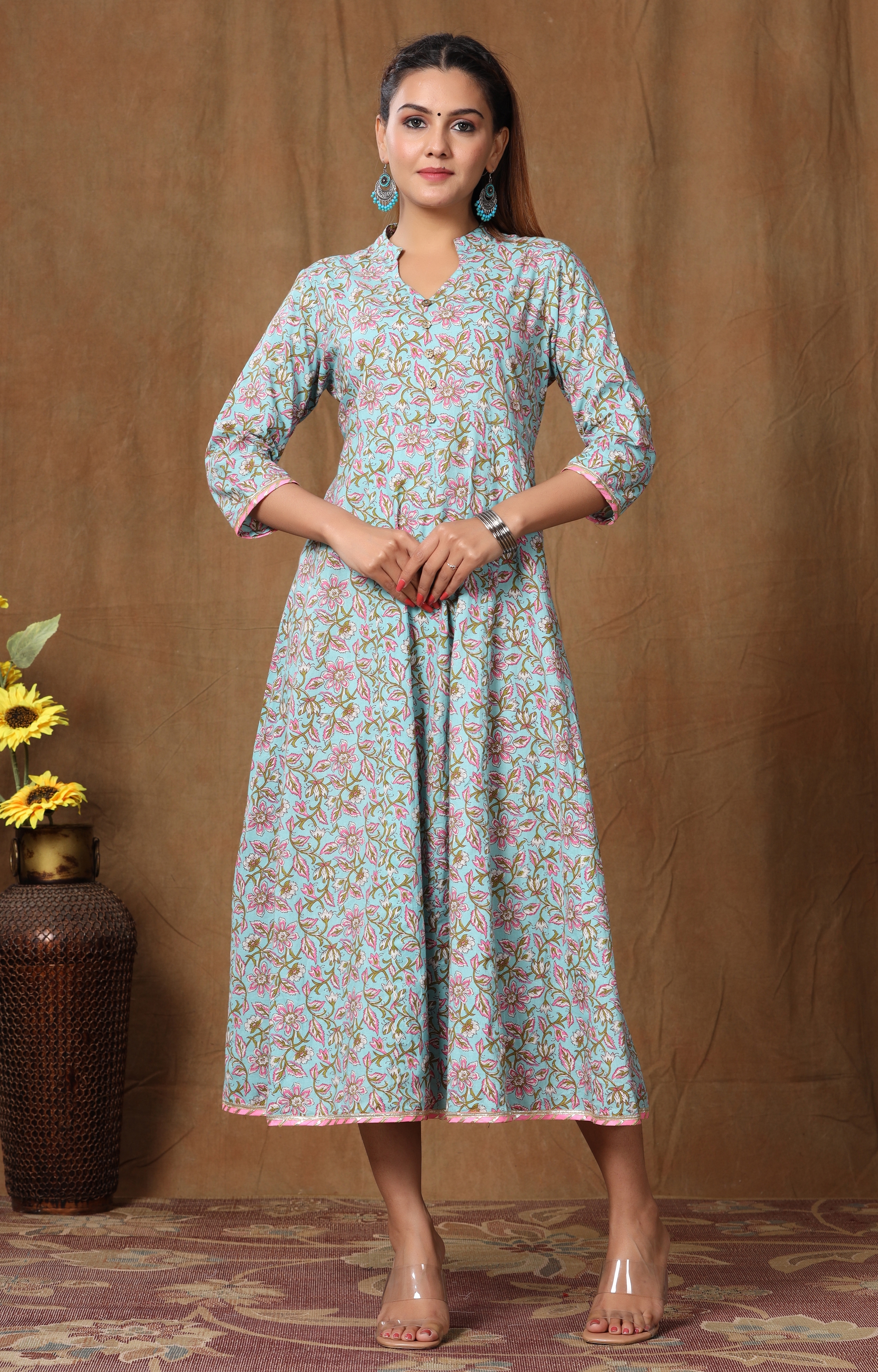 Miravan Women's Pure Cotton Floral Printed Long Anarkali Kurta Dress