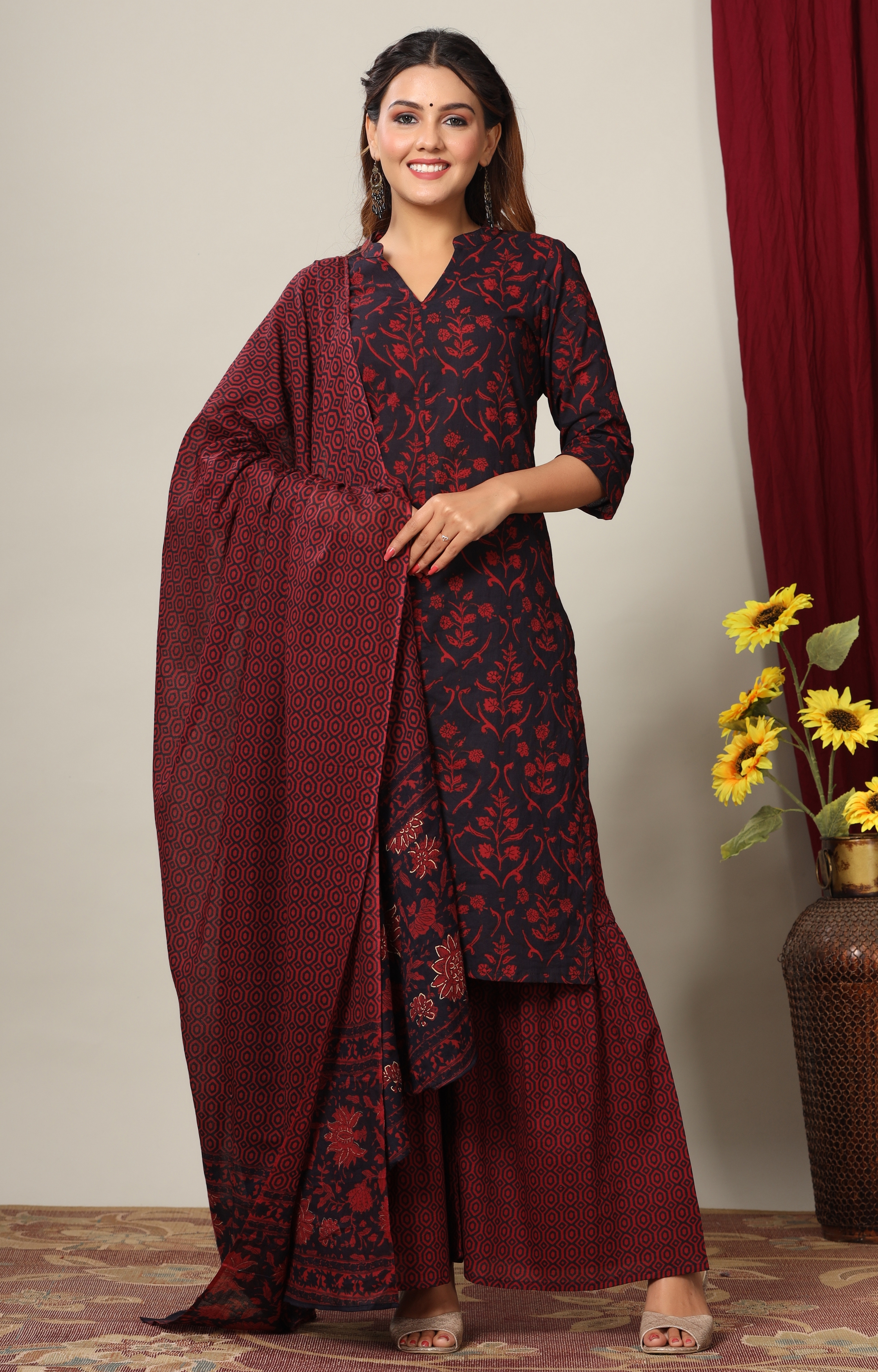 Miravan | Miravan Women's Cotton Floral Print Straight Kurta Sharara Dupatta Set
