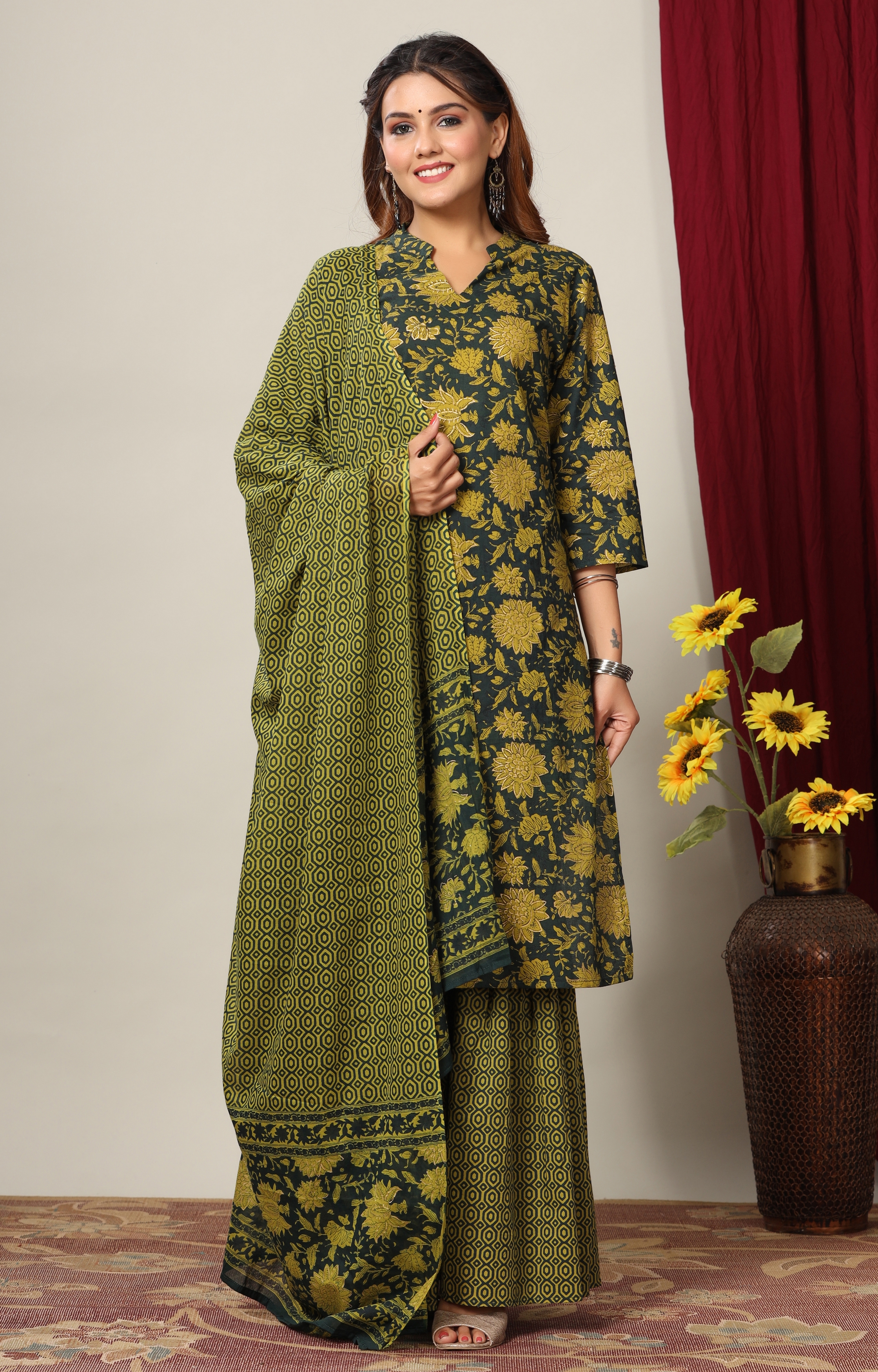 Miravan | Miravan Womens Cotton Floral Printed Straight Kurta And Sharara With Dupatta Set