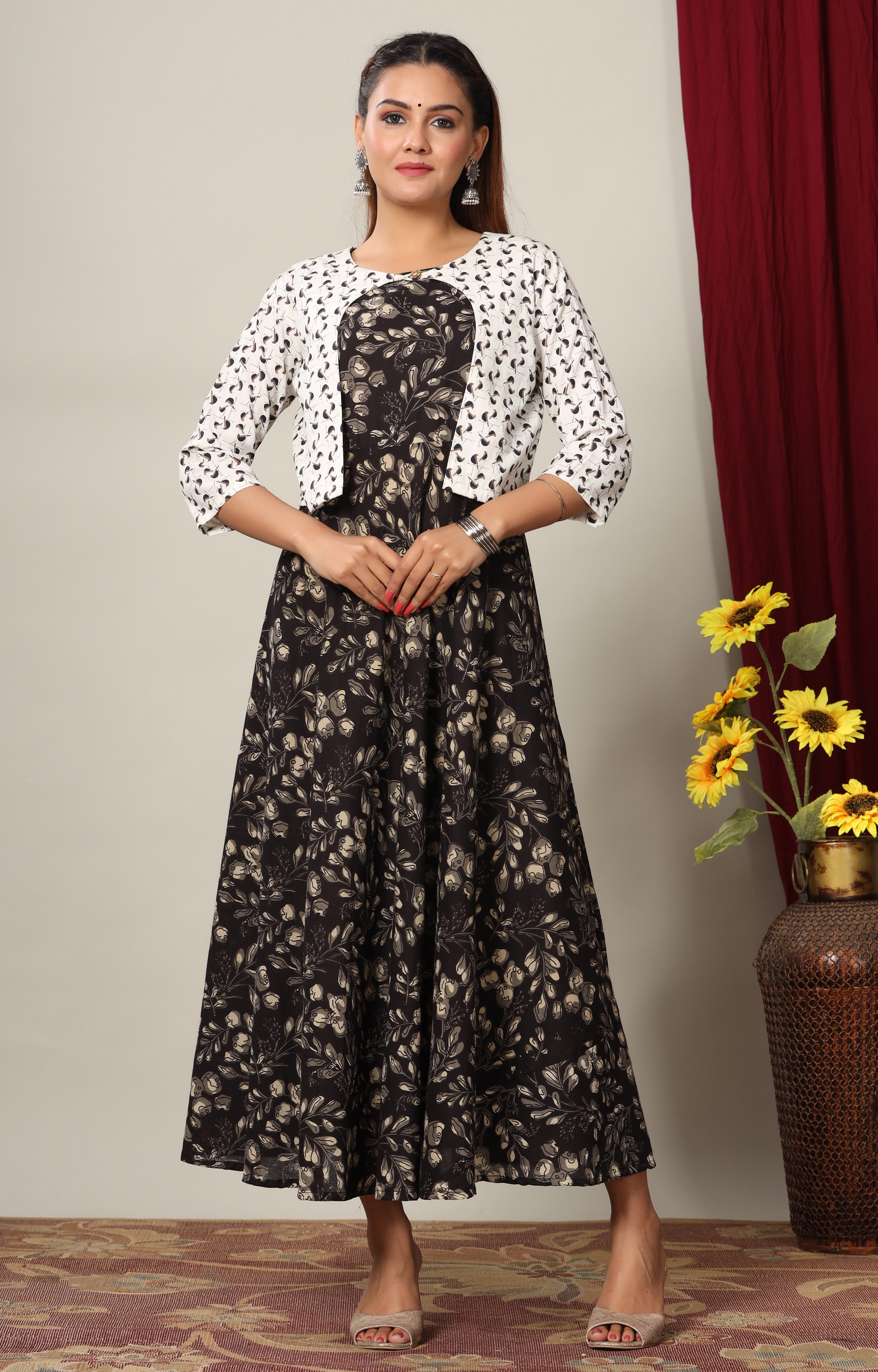 Miravan Womens Anarkali Jaipuri Cotton Floral Print Long Kurti with Jacket