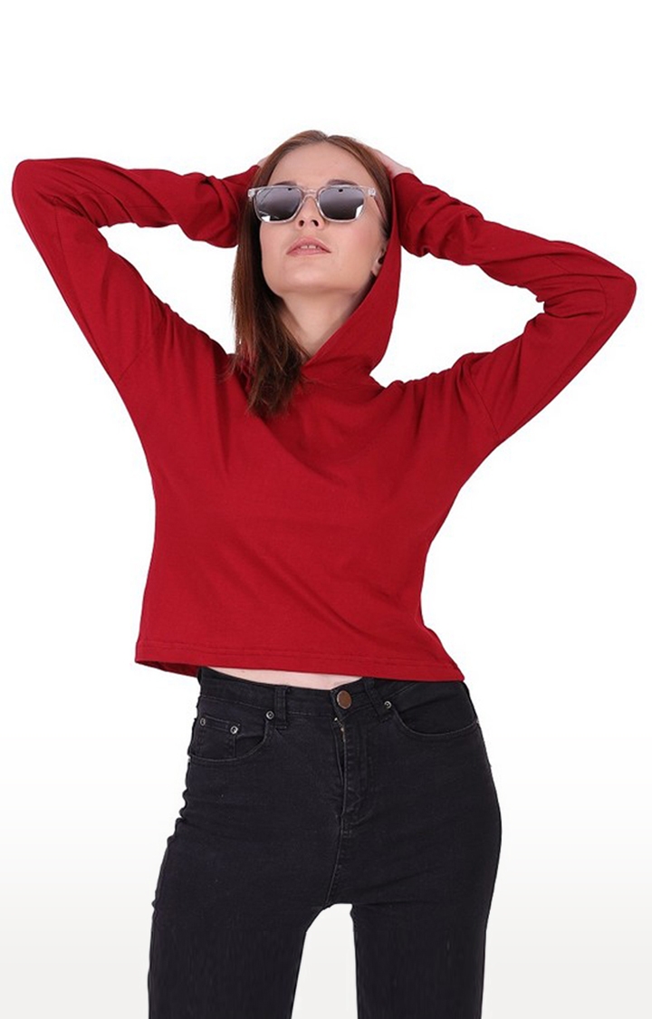 Styvibe | Styvibe Women Maroon Solid Hooded Cotton Full Sleeve Crop Top