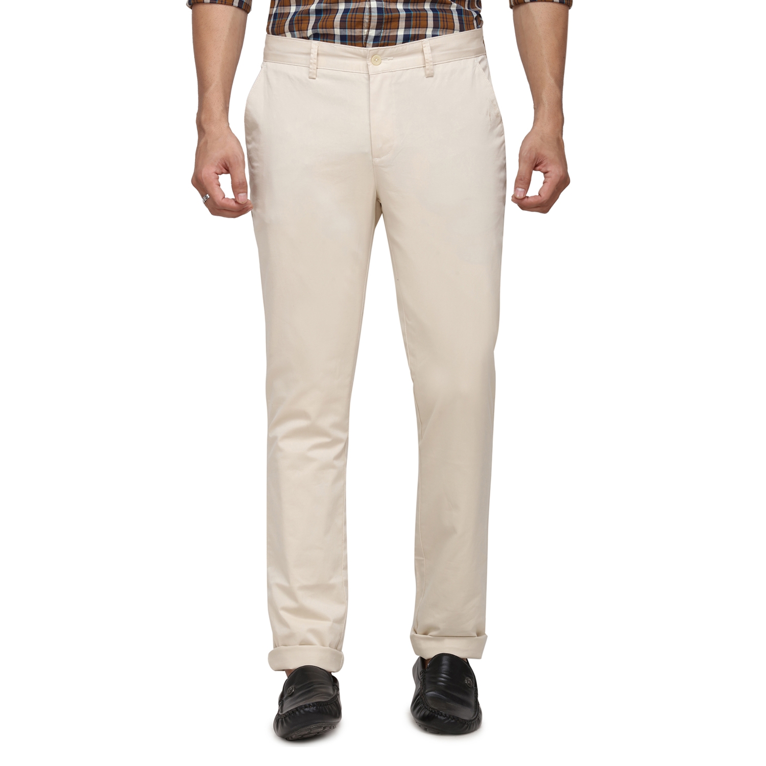 Khaki Checked Super Slim Fit Casual Trouser | Greenfibre