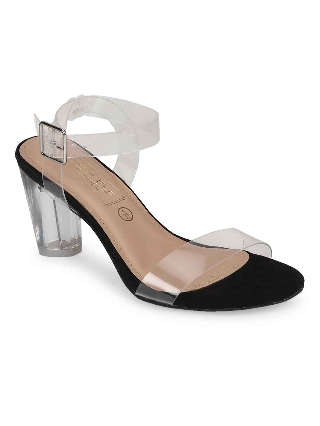 Truffle Collection | Black Suede Perspex Clear Round Block Heels