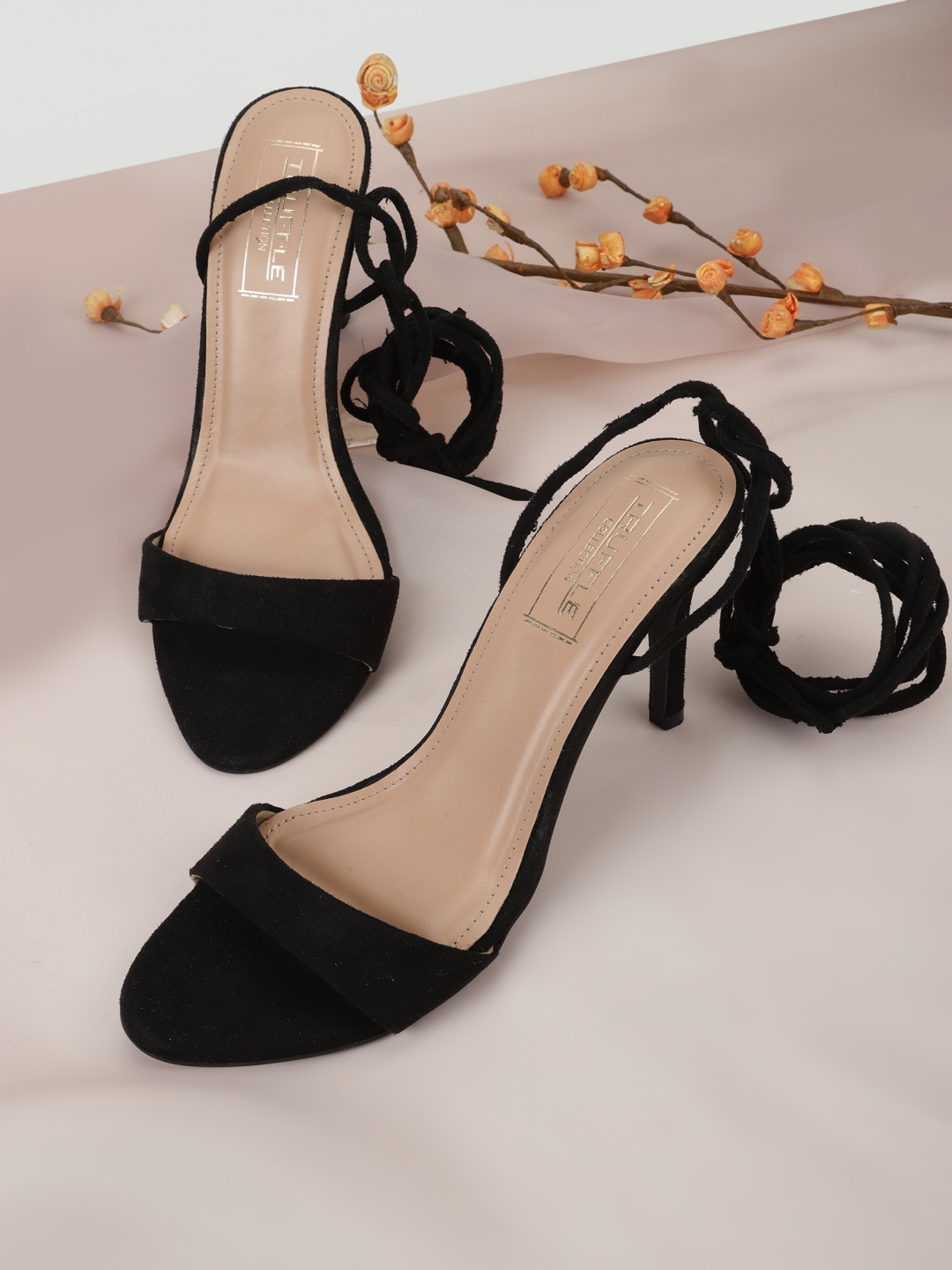 Truffle Collection | Black Suede Stiletto Lace Up Sandals