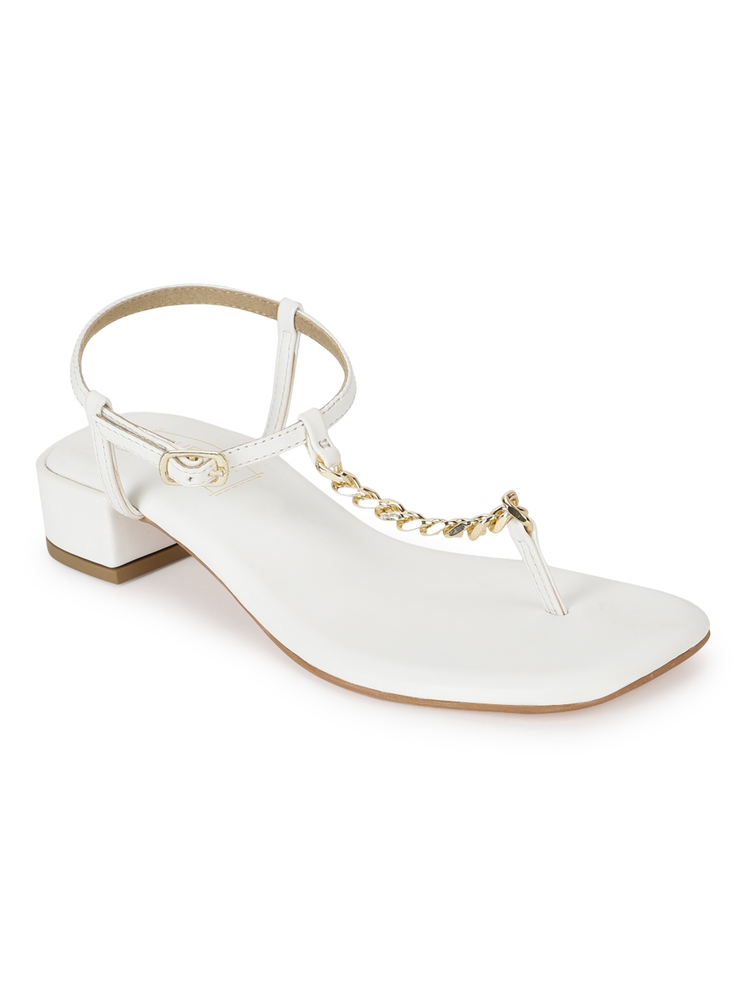 White PU Low Block Heel Sandals With Gold Chain