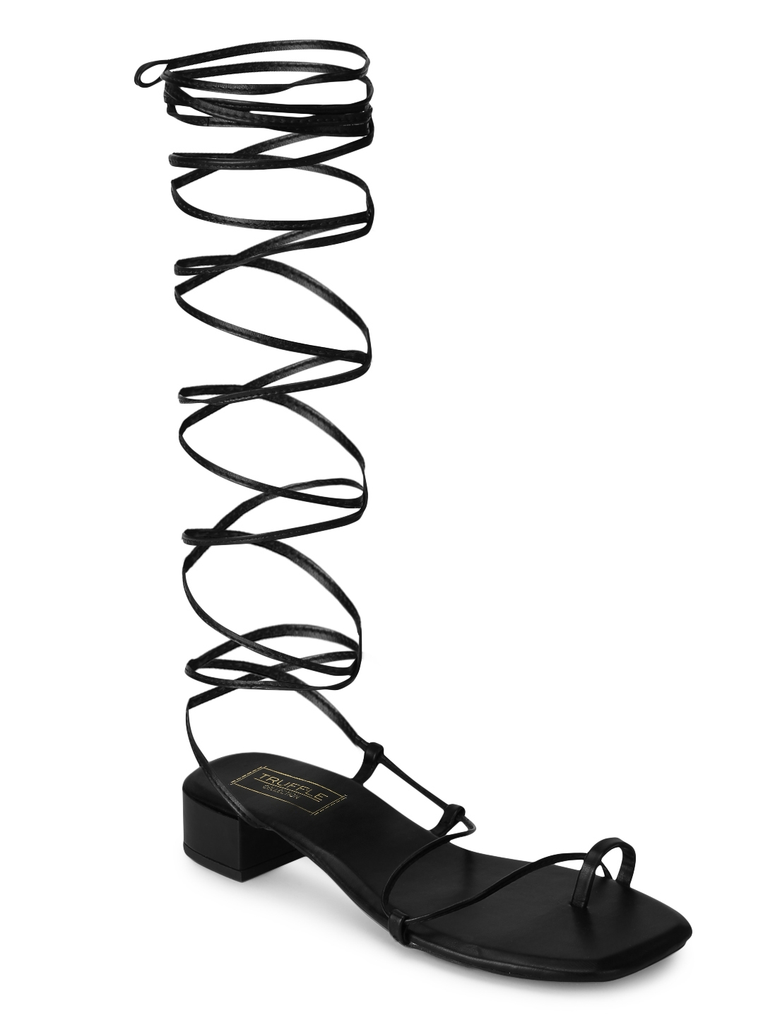 Truffle Collection | Black PU Low Block Heel Lace Up Sandals