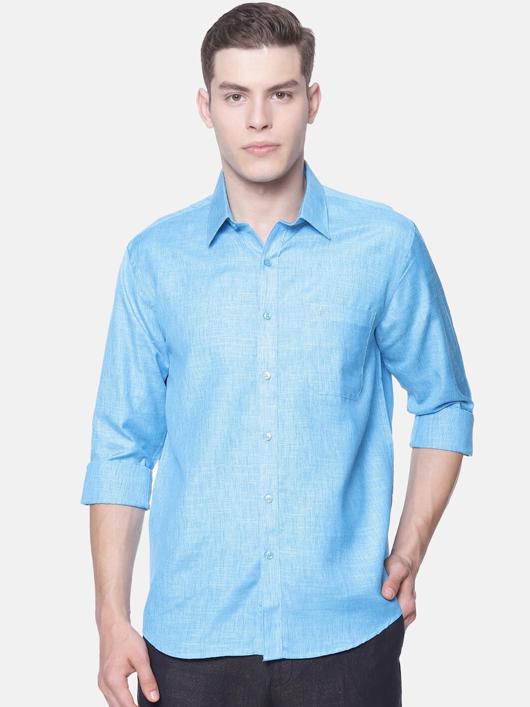 Ramraj | RAMRAJ COTTON Men Turquoise Blue Original Regular Fit Solid Casual Shirt
