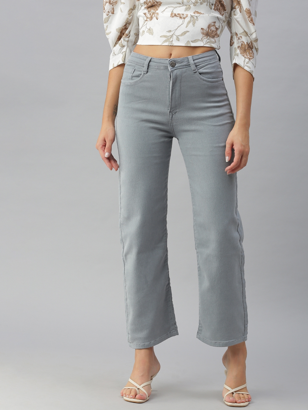 SHOWOFF Women's Clean Look Grey Wide Leg Denim Jeans