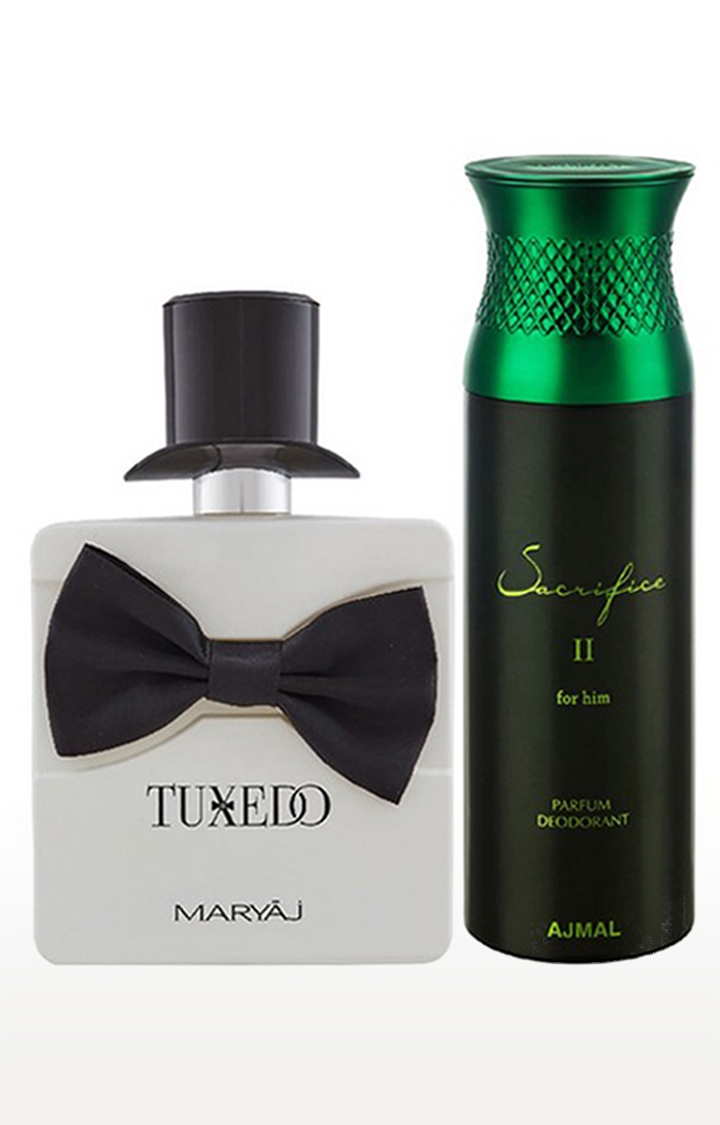 Maryaj Tuxedo Eau De Parfum Perfume 100ml for Men and Ajmal Sacrifice II for Him Deodorant Fruity Fragrance 200ml for Men