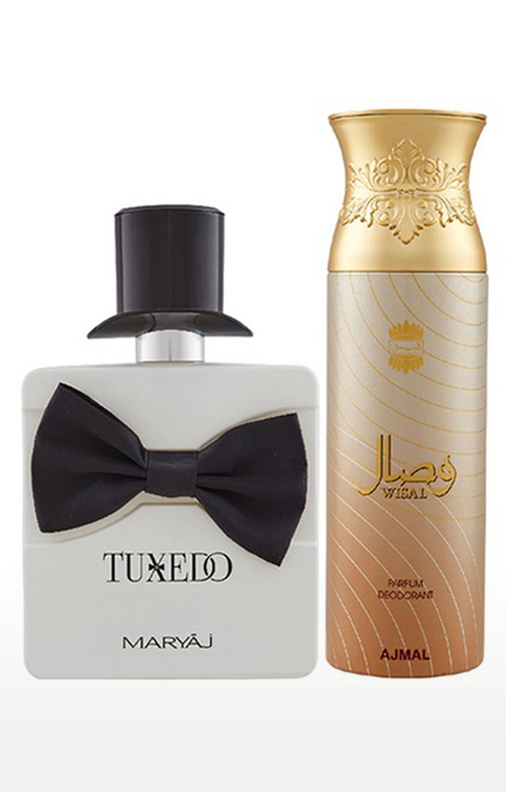 Maryaj Tuxedo Eau De Parfum Perfume 100ml for Men and Ajmal Wisal Deodorant Musky Fragrance 200ml for Women