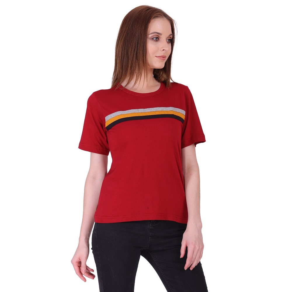 Styvibe | Styvibe Women Maroon With Contrast Patch Detail Round Neck Cotton Half Sleeve top