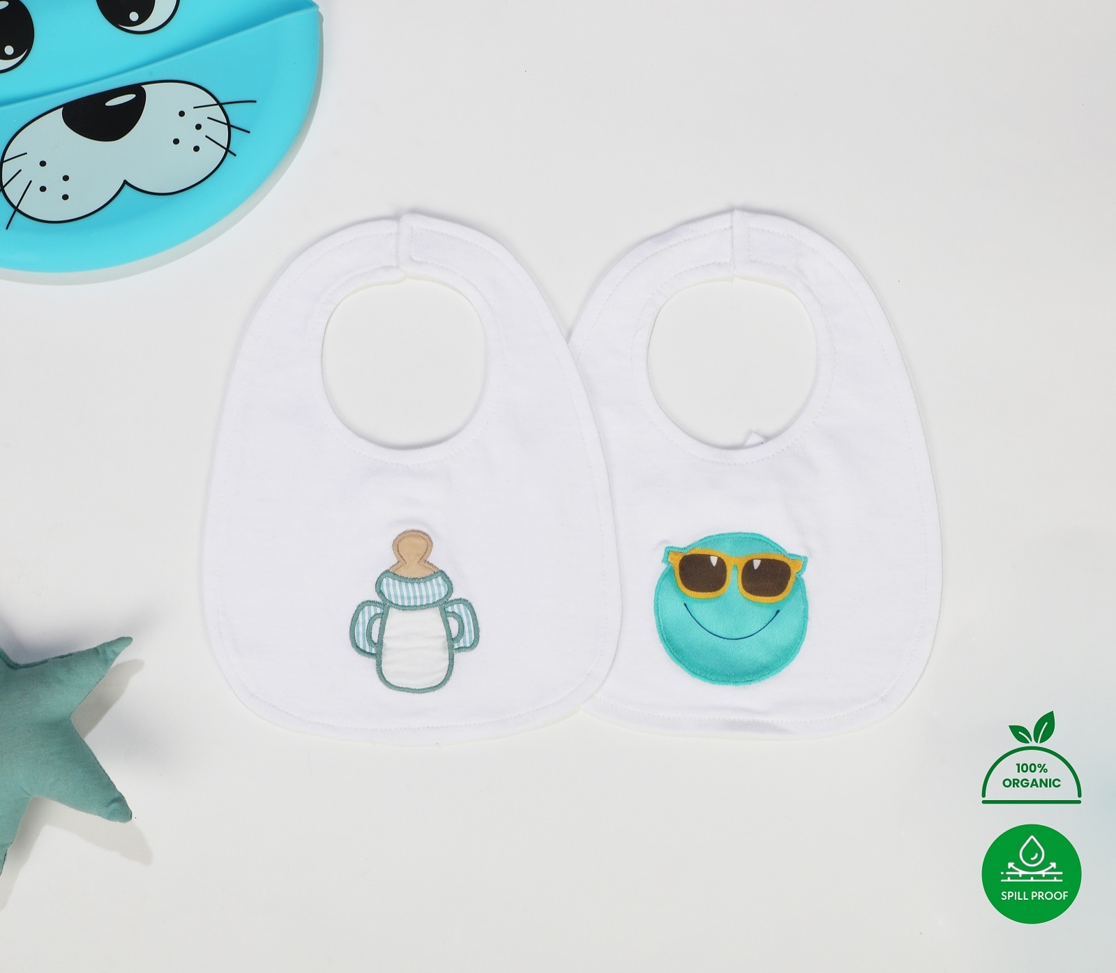 Kidbea | Printed Baby Blue and White Feeding Bib With Spill-Proof Finish