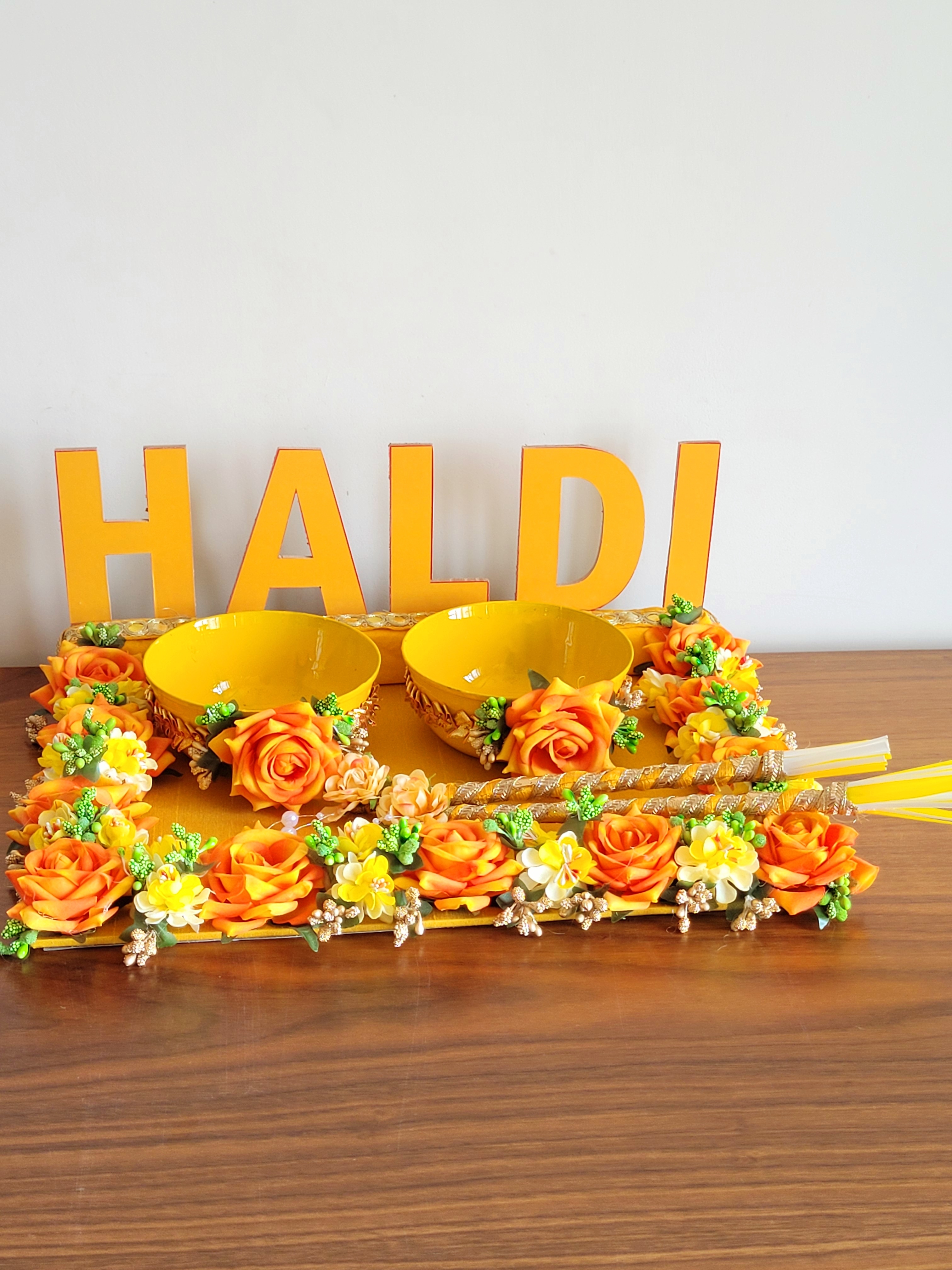 Yellow Haldi Platter with Artificial flower border