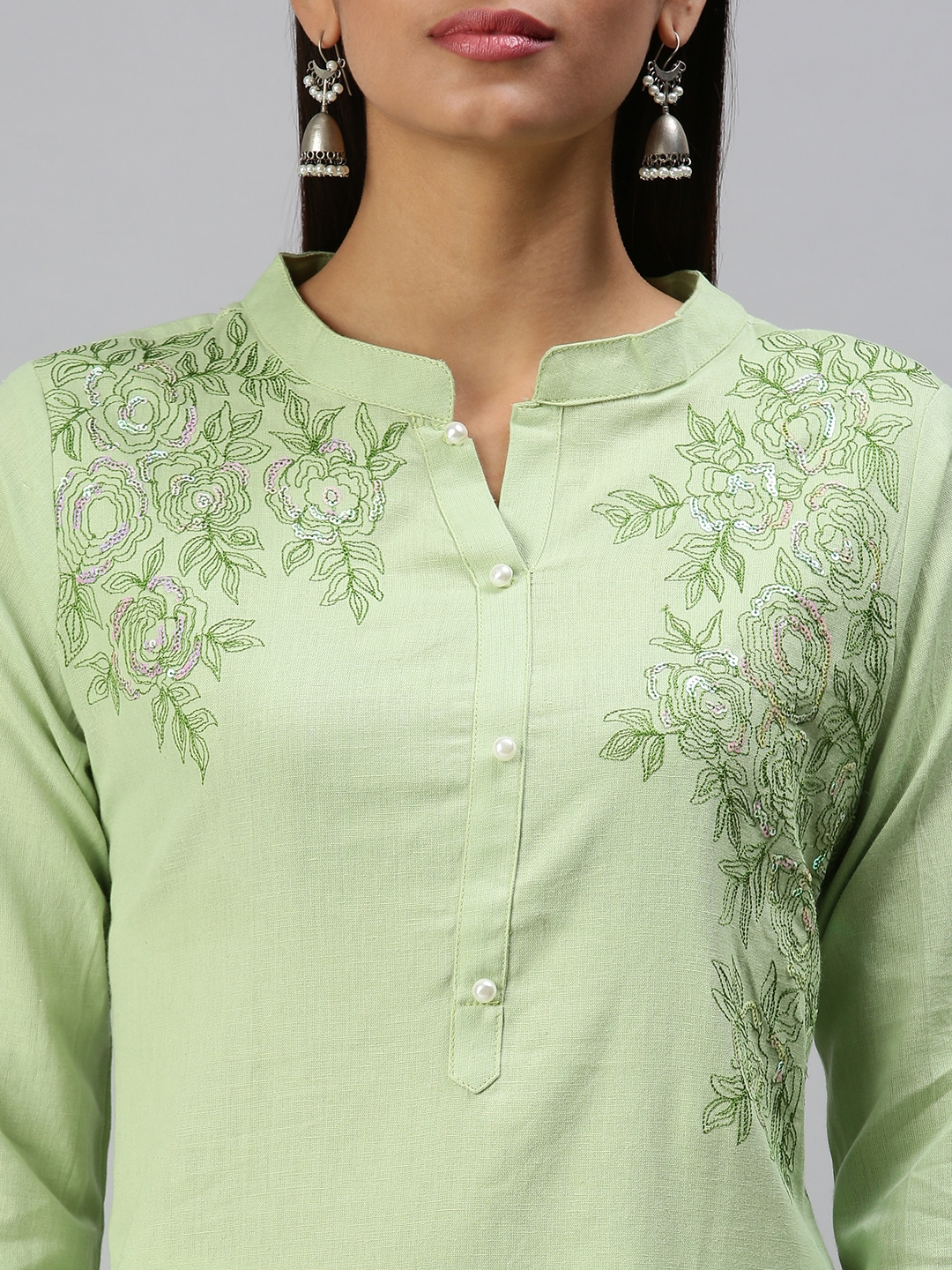 Showoff Women's Casual Mandarin Collar Green Straight Kurta