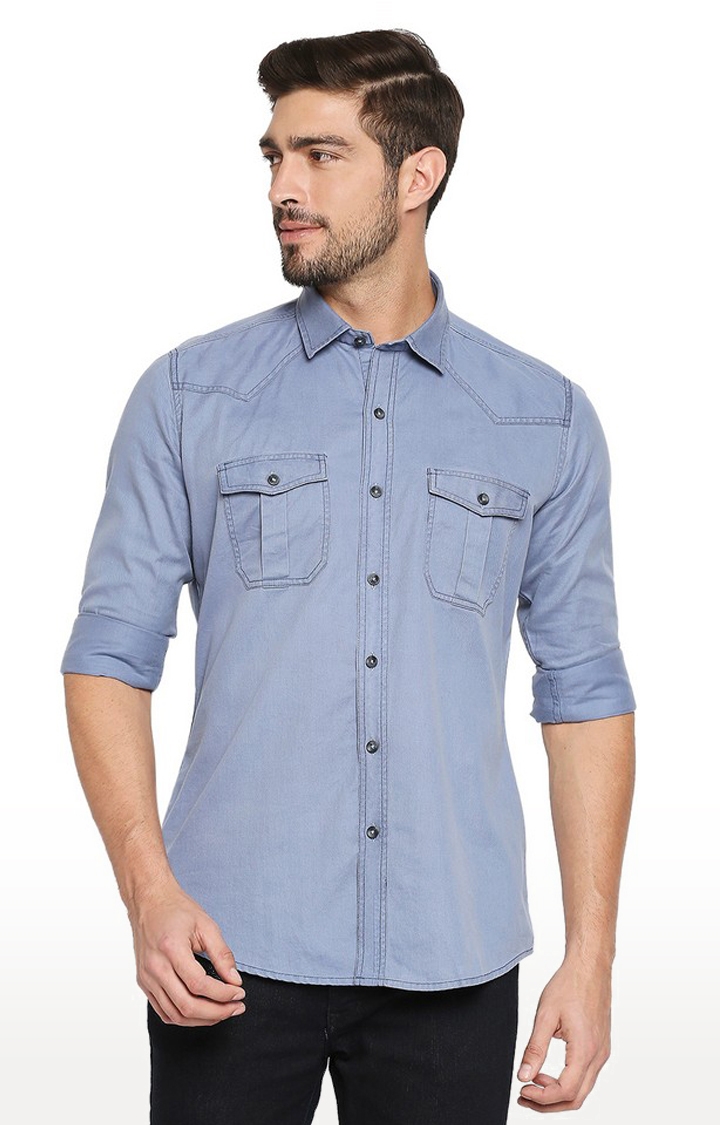 EVOQ Full Sleeves Solid Cotton Blue Casual Shirt