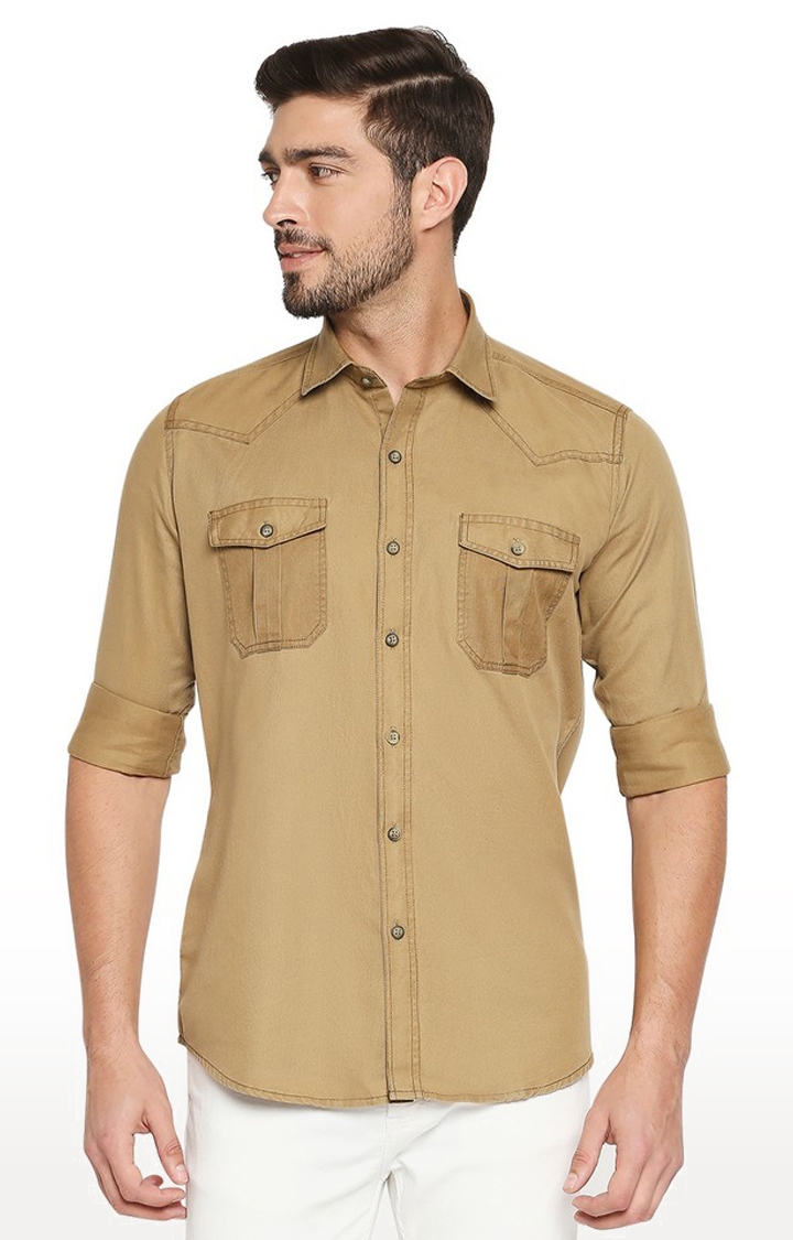 EVOQ Full Sleeves Solid Cotton Brown Casual Shirt