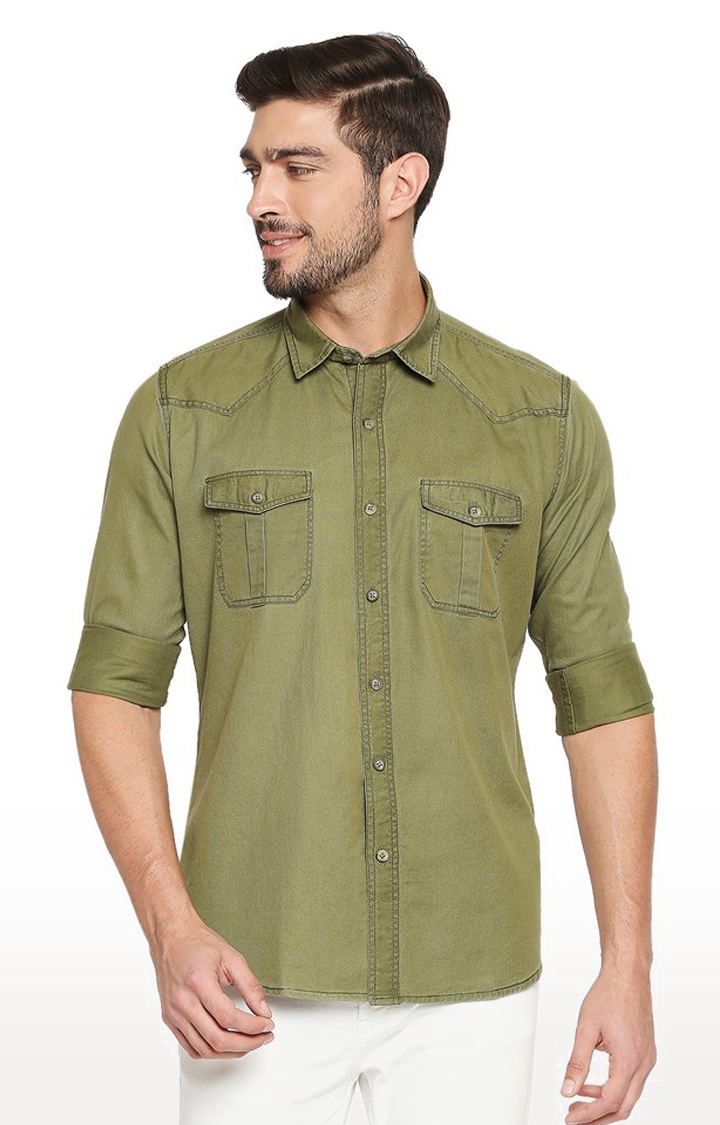 EVOQ Full Sleeves Solid Cotton Green Casual Shirt