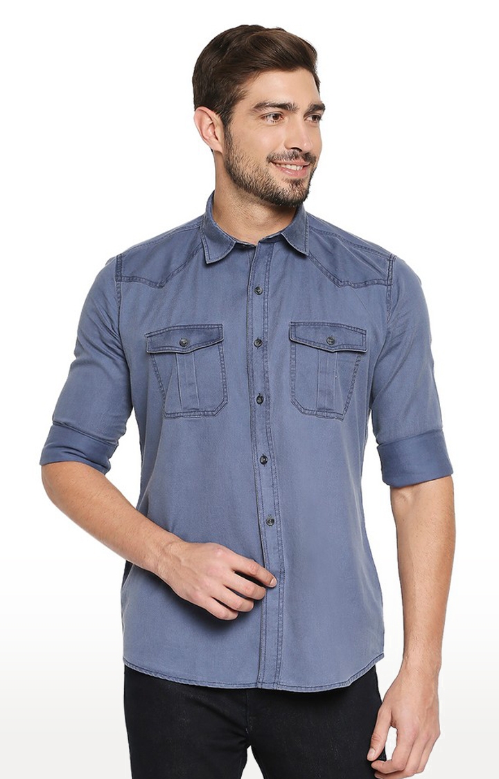 EVOQ Full Sleeves Solid Cotton Blue Casual Shirt