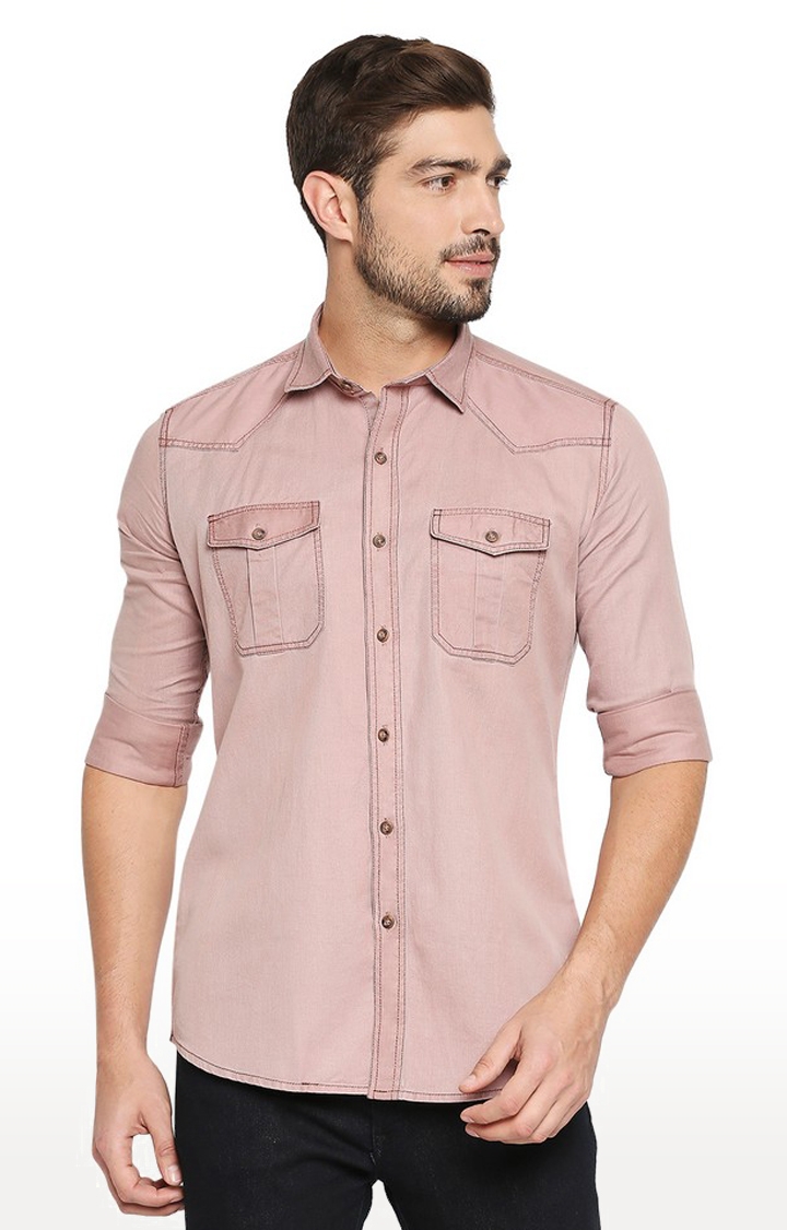EVOQ Full Sleeves Solid Cotton Pink Casual Shirt