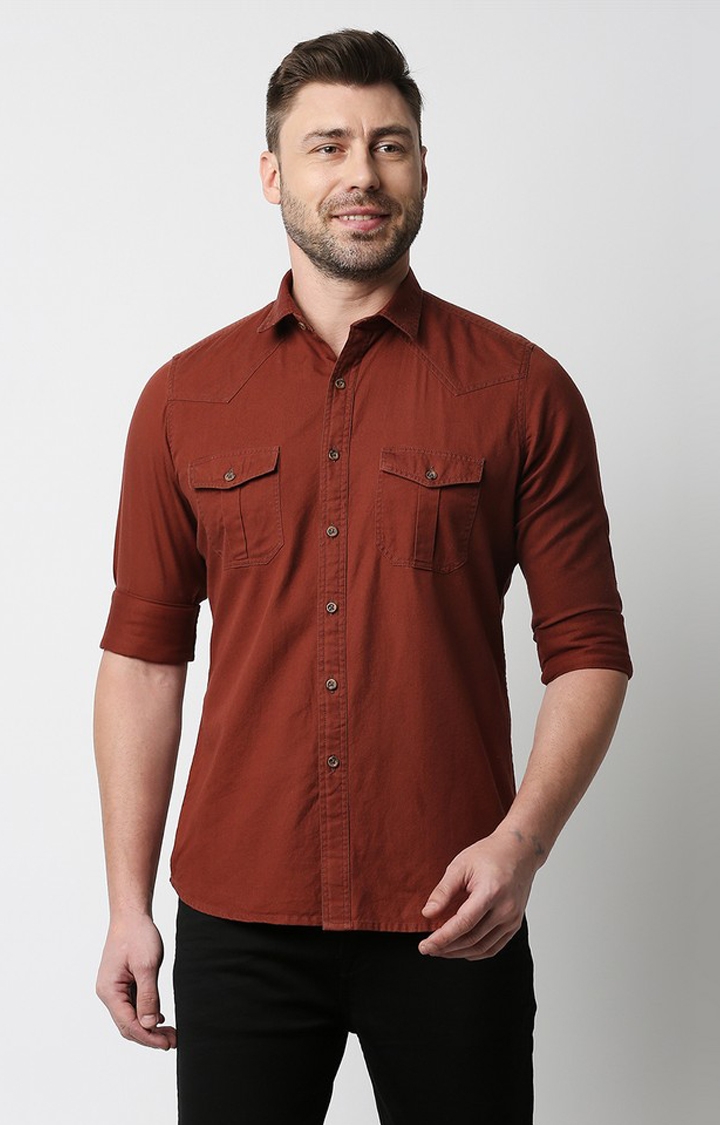 EVOQ's Rust Full Sleeves Cotton Casual Shirt with Double Flap Pocket for Men