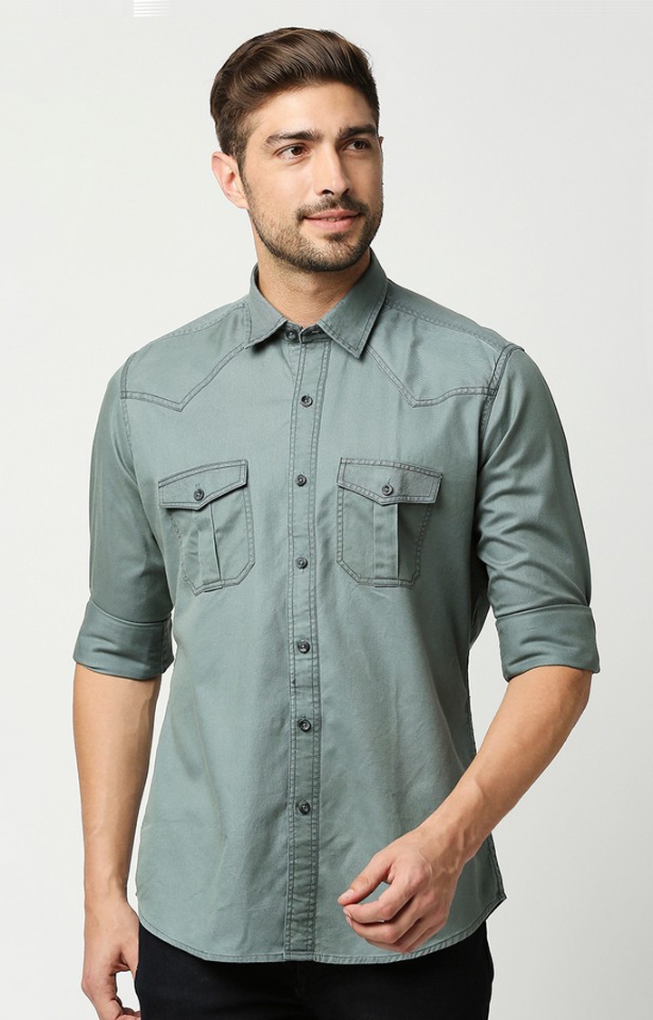 EVOQ | EVOQ's Shiny Green Full Sleeves Cotton Casual Shirt with Double Flap Pocket for Men