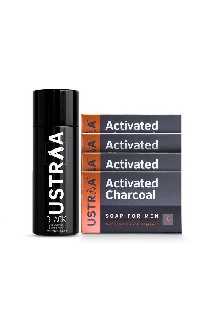 Ustraa | Ustraa Black Deodorant 150 ml & Activated Charcoal Soap 100g (Pack Of 4)