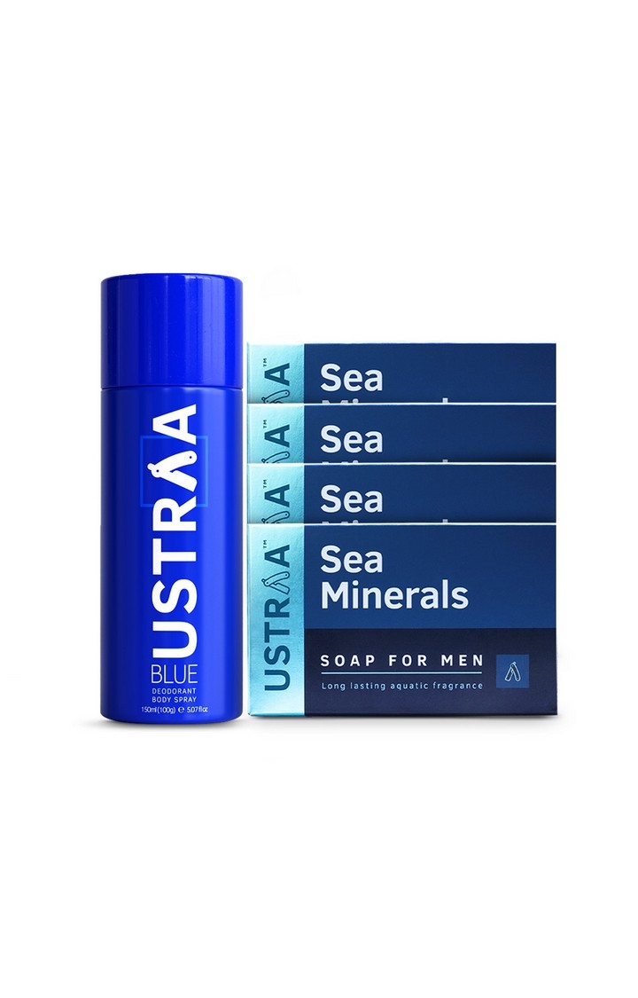 Ustraa | Ustraa Blue Deodorant - 150 ml & Sea Minerals Soap - 100g (Pack Of 4)