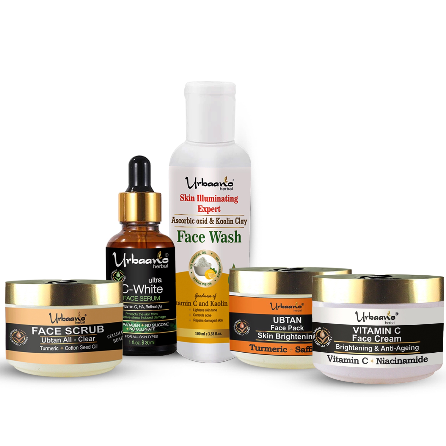 Urbaano Herbal | Urbaano Herbal Facial Kit Bright, Glowing & Young Skin, Vitamin C Combo Pack for Women & Men-5 in 1-280g