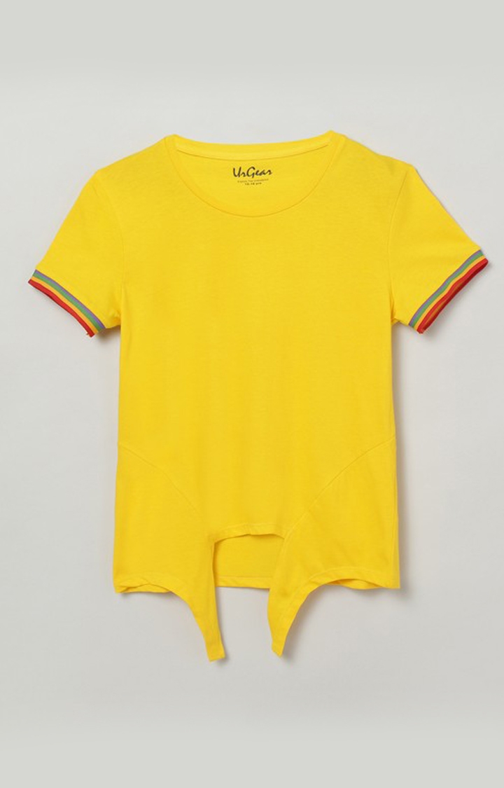 UrGear Girls Yellow Solid Cotton Blend T-Shirt