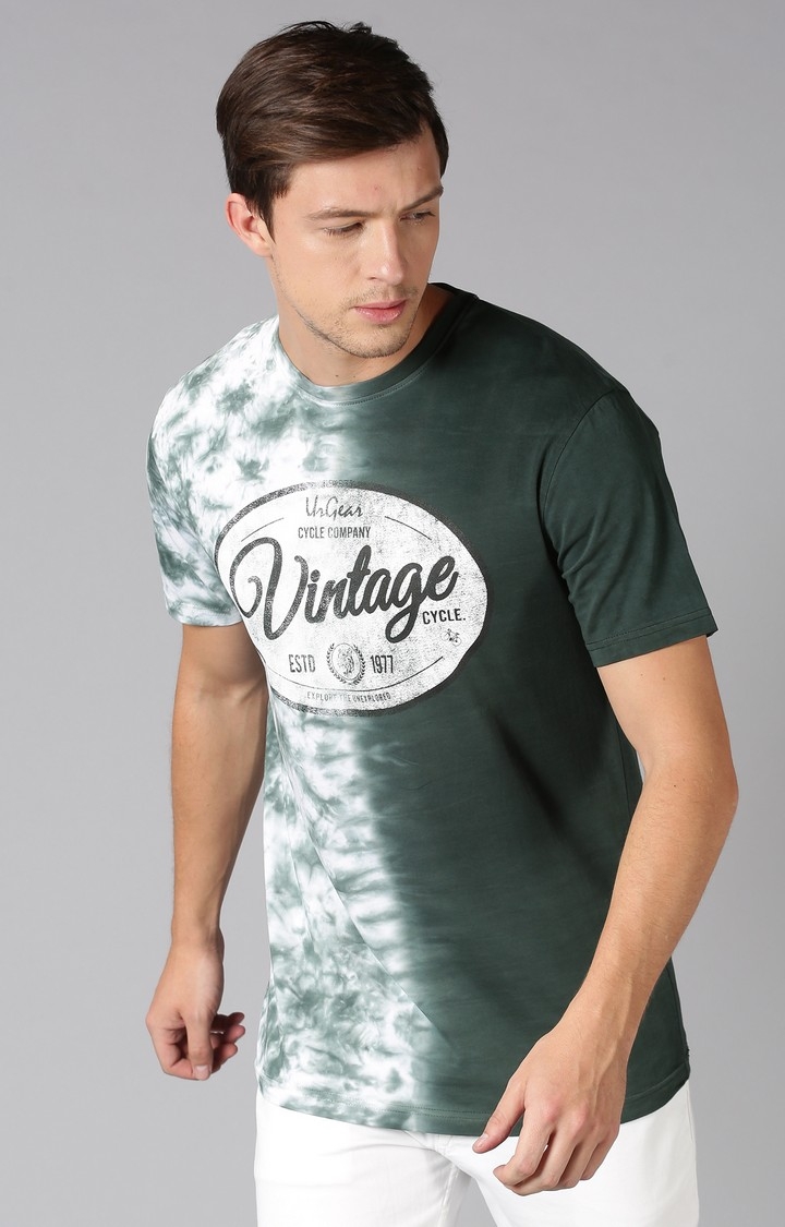 UrGear | UrGear Tie and Dye Typography Men Crew Neck Green T-Shirt