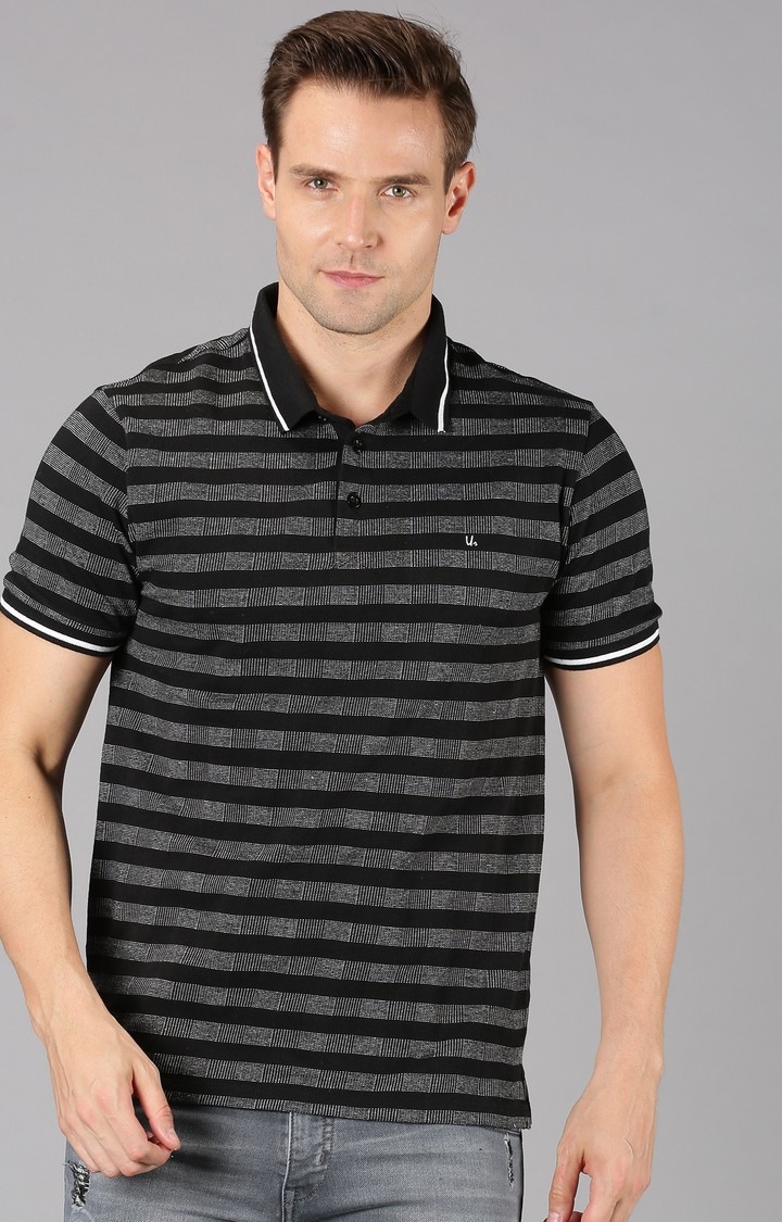 UrGear | UrGear Striped Men Polo Neck Black T-Shirt