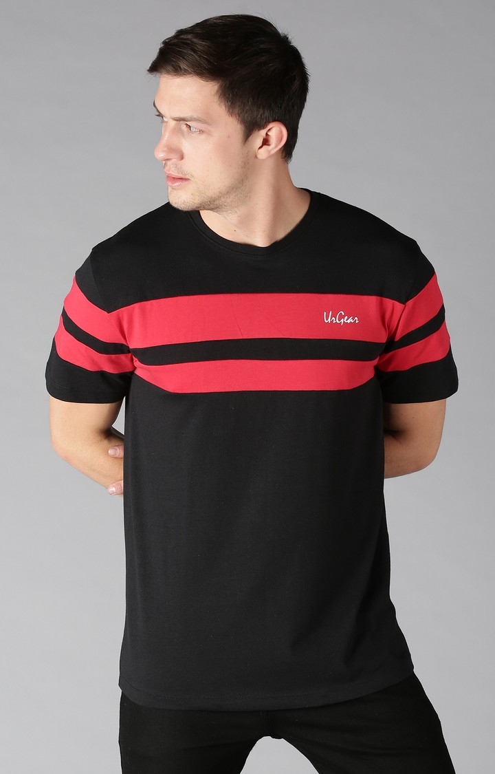 UrGear Striped Men Crew Neck Black and Red T-Shirt