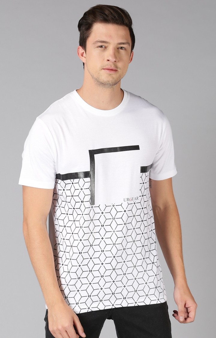 UrGear Geometric Printed Men Crew Neck White T-Shirt