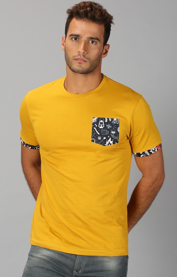 Mens Crew Neck Printed Mustard T-Shirt 
