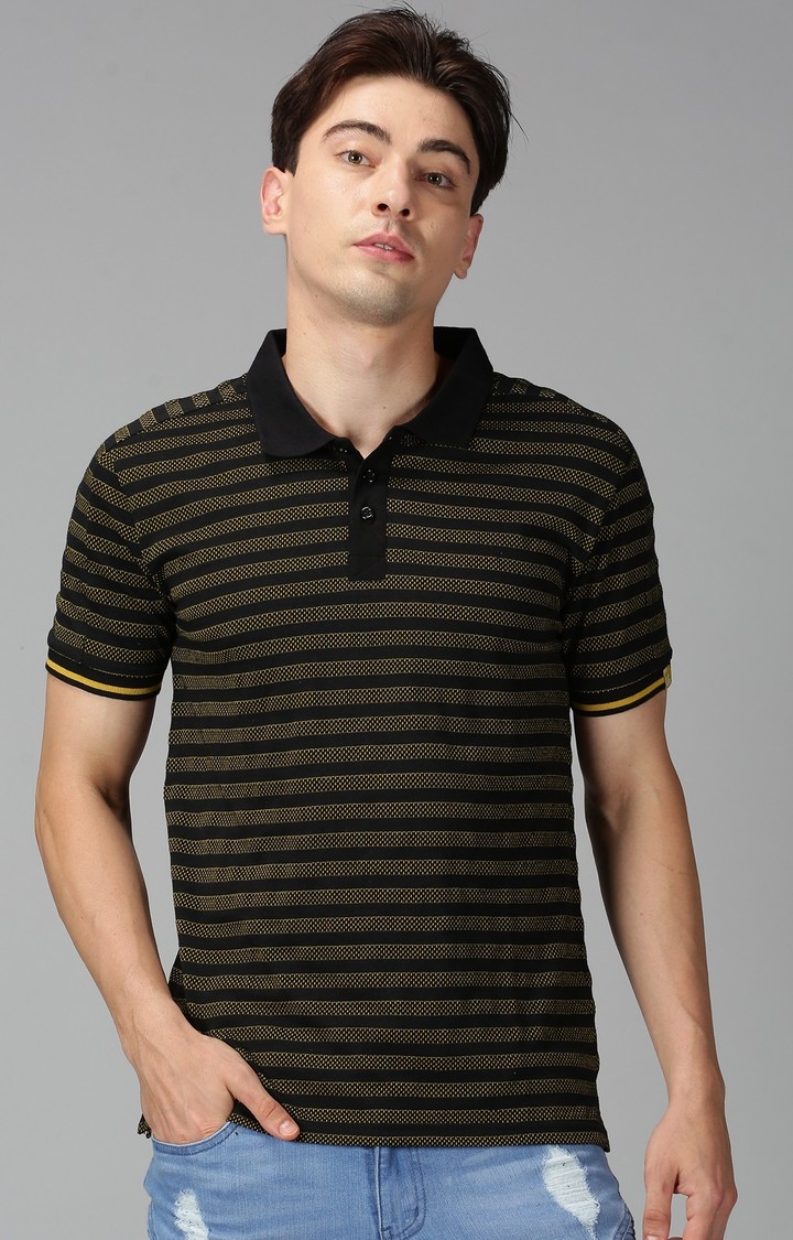 UrGear | UrGear Striped Men Polo Neck Black T-Shirt