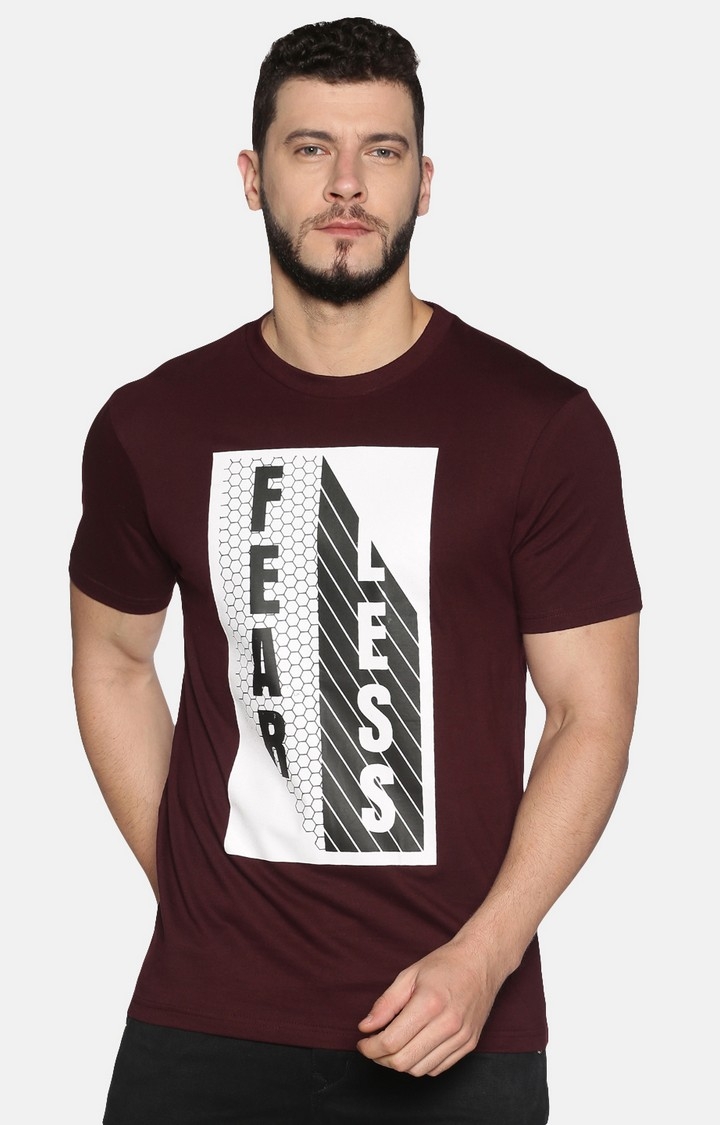 UrGear | UrGear Fear Printed Men Crew Neck Maroon T-Shirt