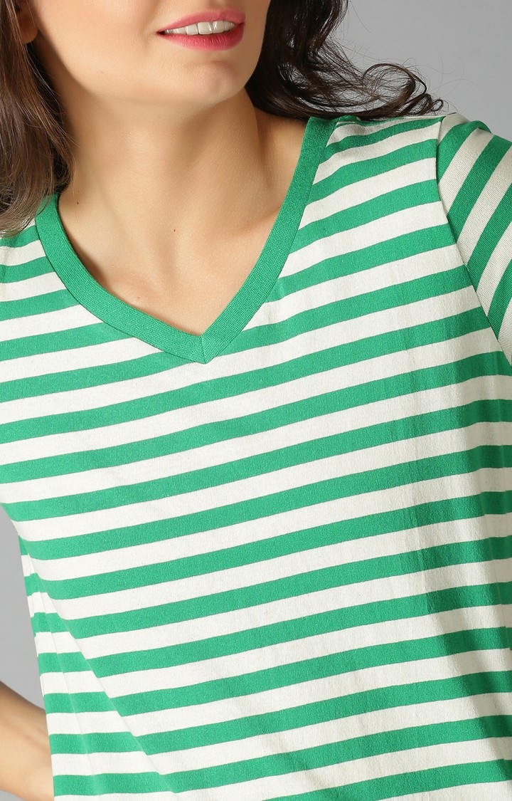 UrGear Striped Women V-Neck Green T-Shirt
