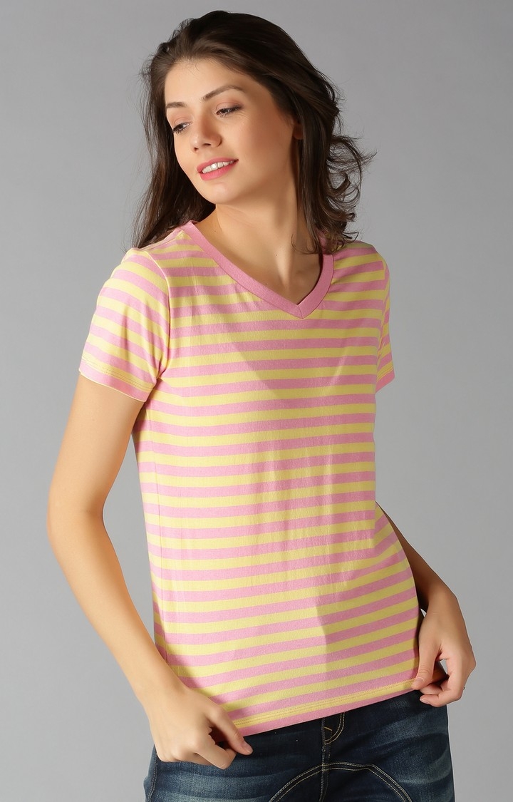 UrGear Striped Women V-Neck Pink and Yellow T-Shirt
