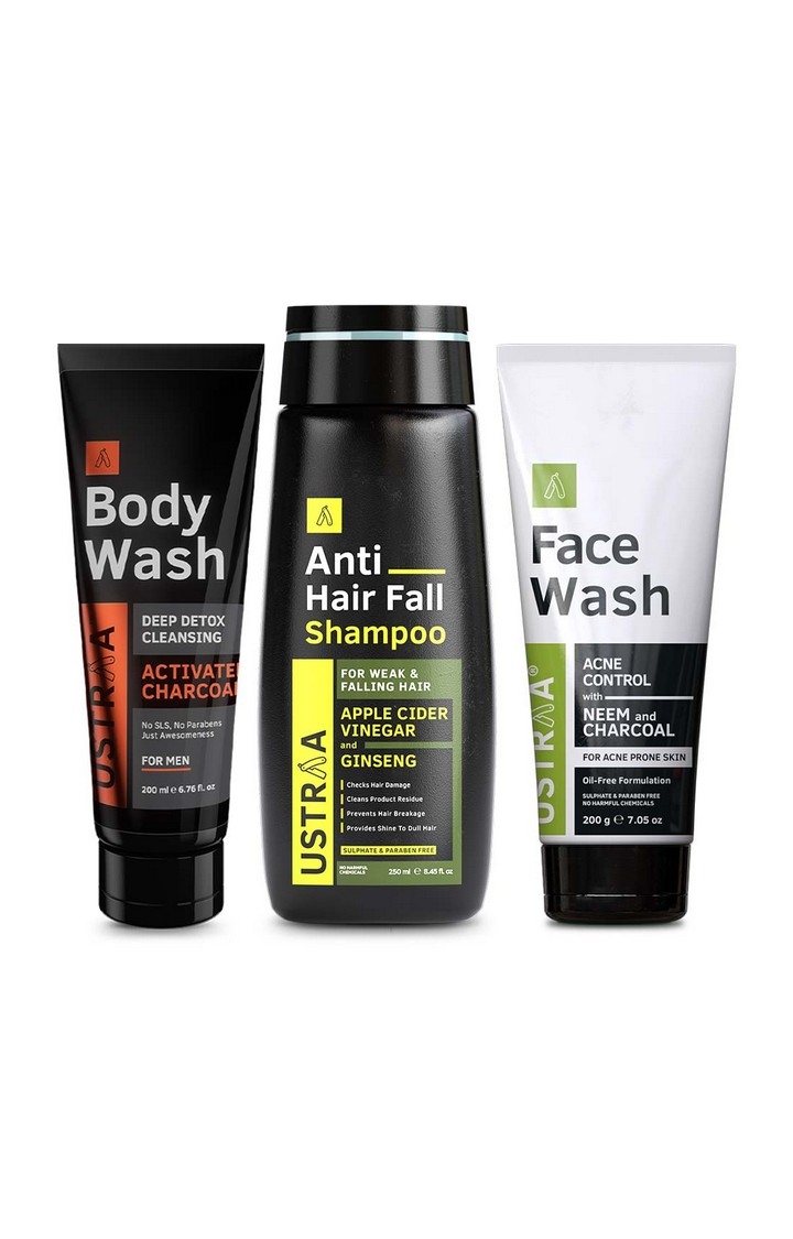Ustraa | Ustraa Face Wash Neem & Charcoal 200 g, Body Wash - Activated Charcoal 200 ml & Anti Hair Fall Shampoo 250 g