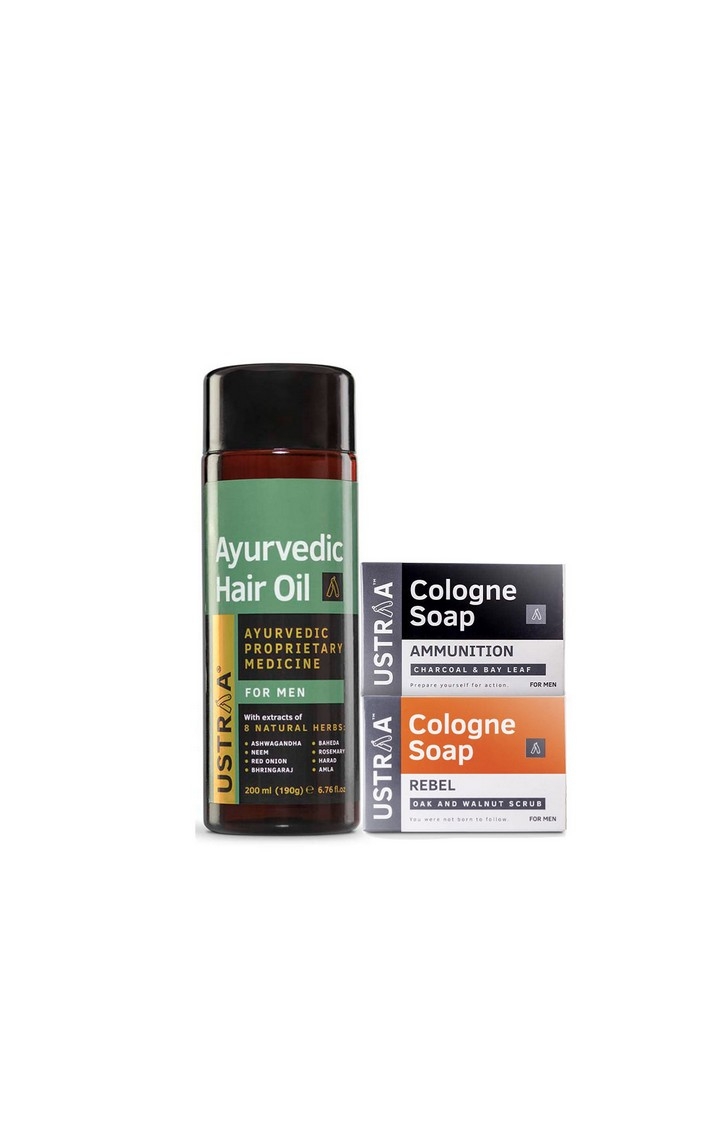 Ustraa | Ustraa Ayurvedic Hair Oil 200 ml & Cologne Soaps (Rebel & Ammunition)