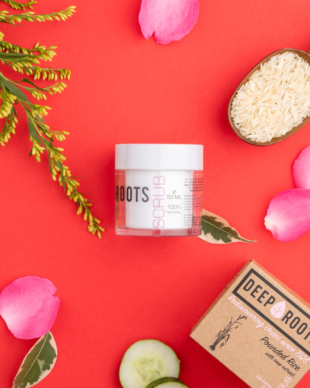 Deep Roots | DEEP ROOTS Pounded Rice with Rose Scrub| Tan Removal Removes Blackheads and Excess Oil Paraben & Sulphate Free Men & Women 50 Ml