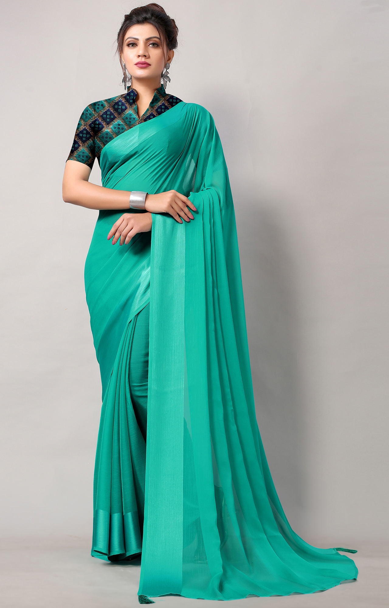 SHAILY RETAILS | Women Turquoise Chiffon Party Wear Solid Saree-HACFNSTNBDR1079RAMA