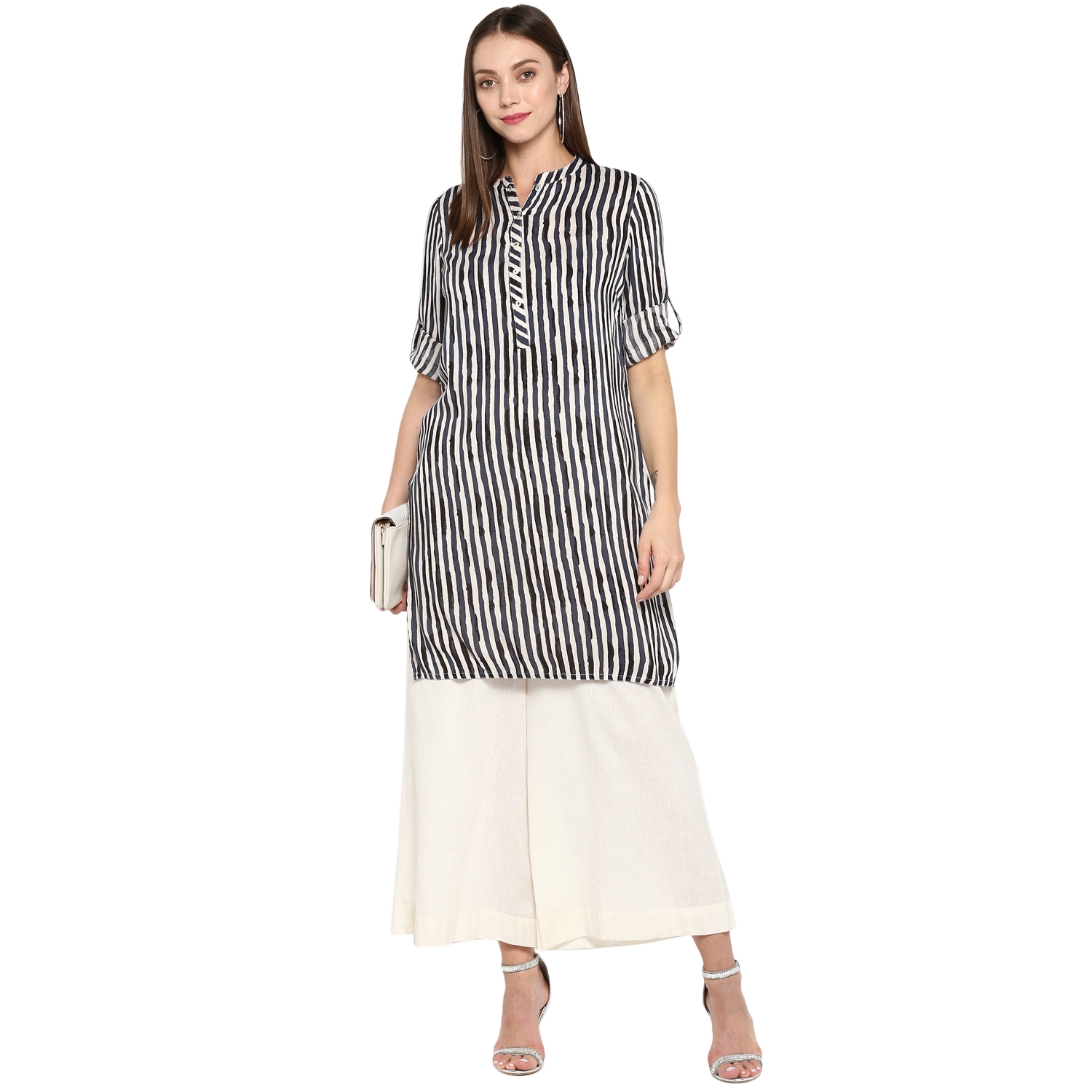 ANTARAN | Grey striped rollup sleeve cotton kurta