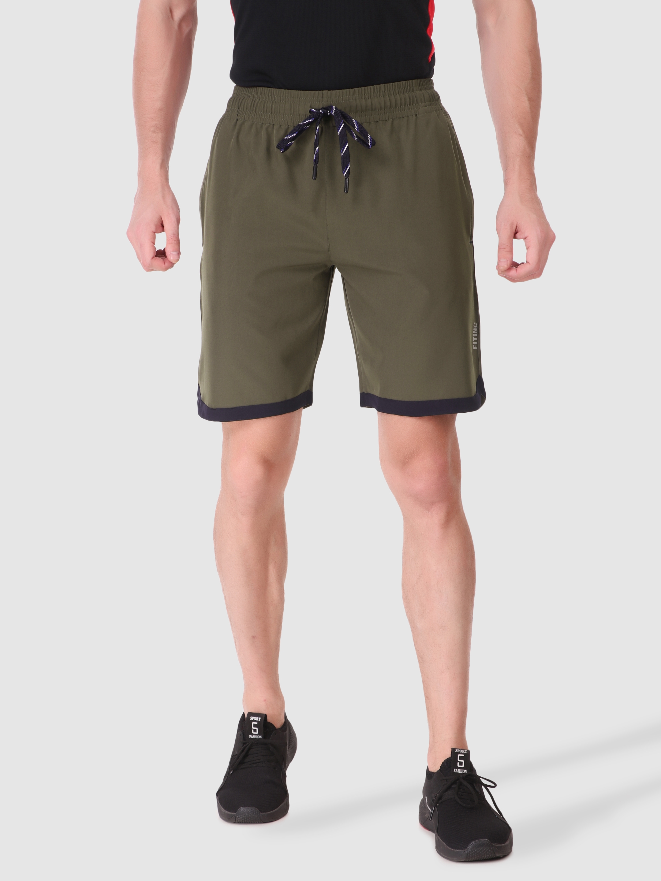 Fitinc | Fitinc N.S Lycra Olive Shorts for Men with Zipper Pockets & Knee Design