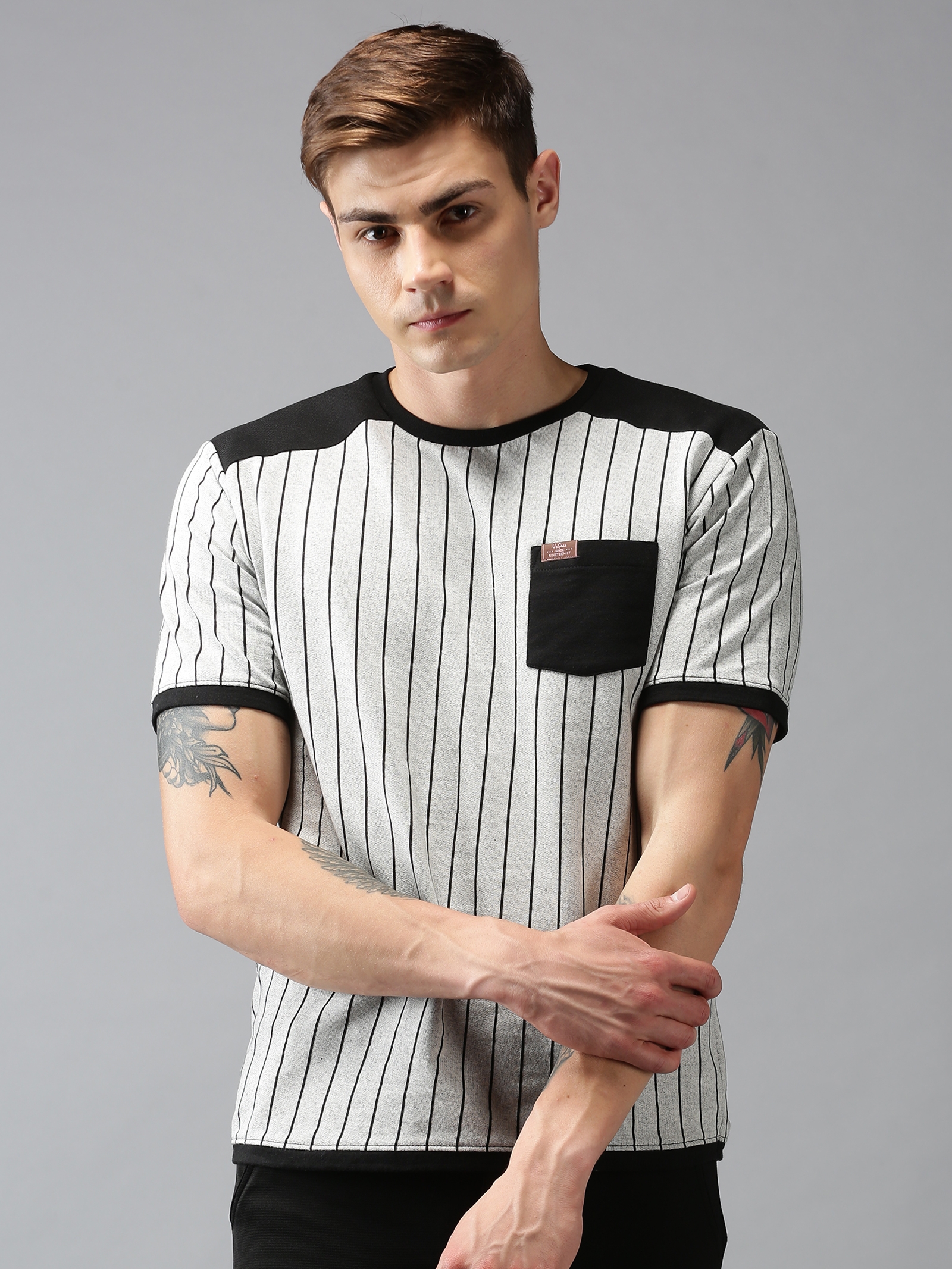 UrGear Men Grey Trendy Striped Casual T-Shirt