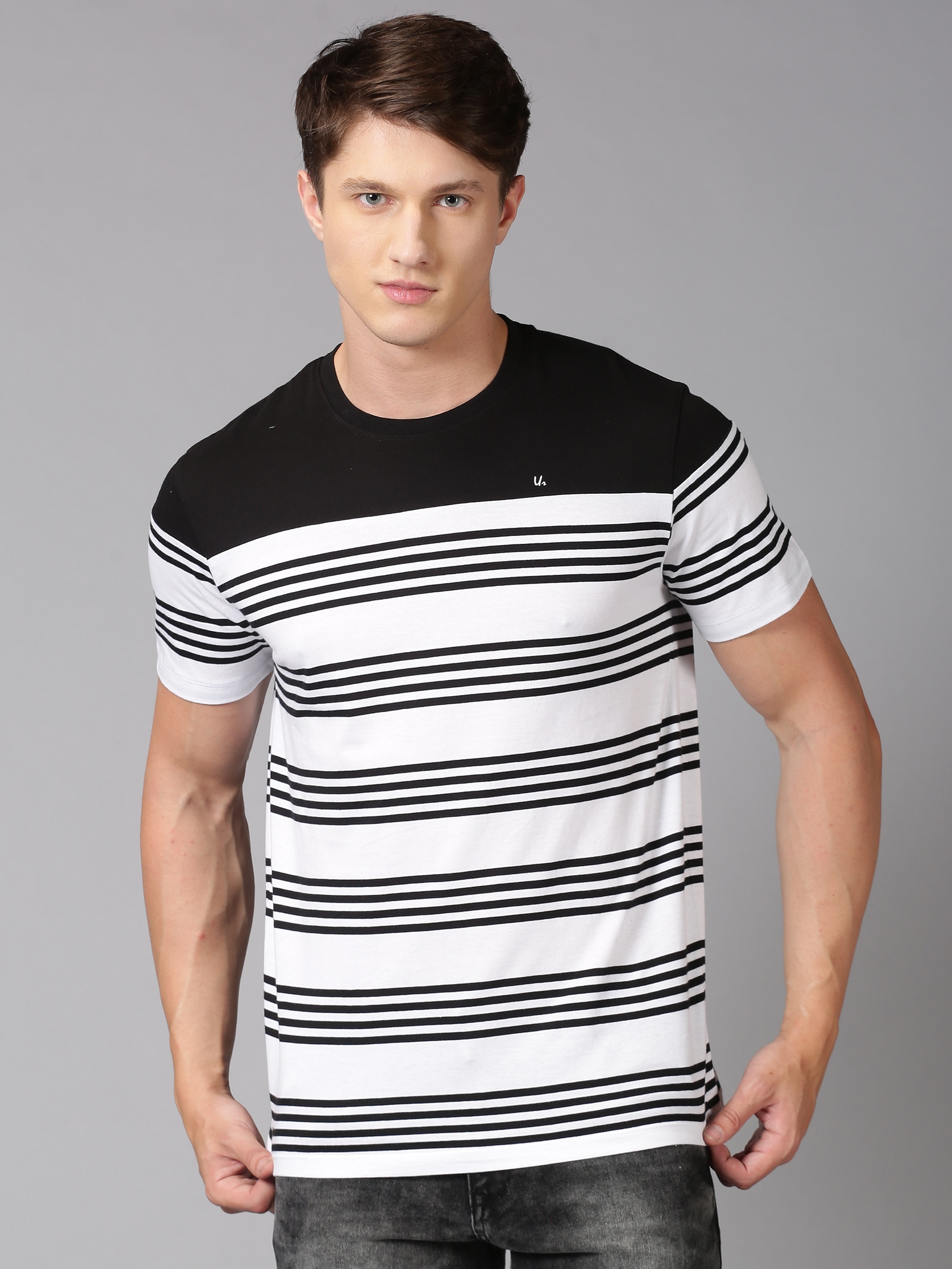 UrGear | UrGear Men White & Black Trendy Striped Colorblock Casual T-Shirt
