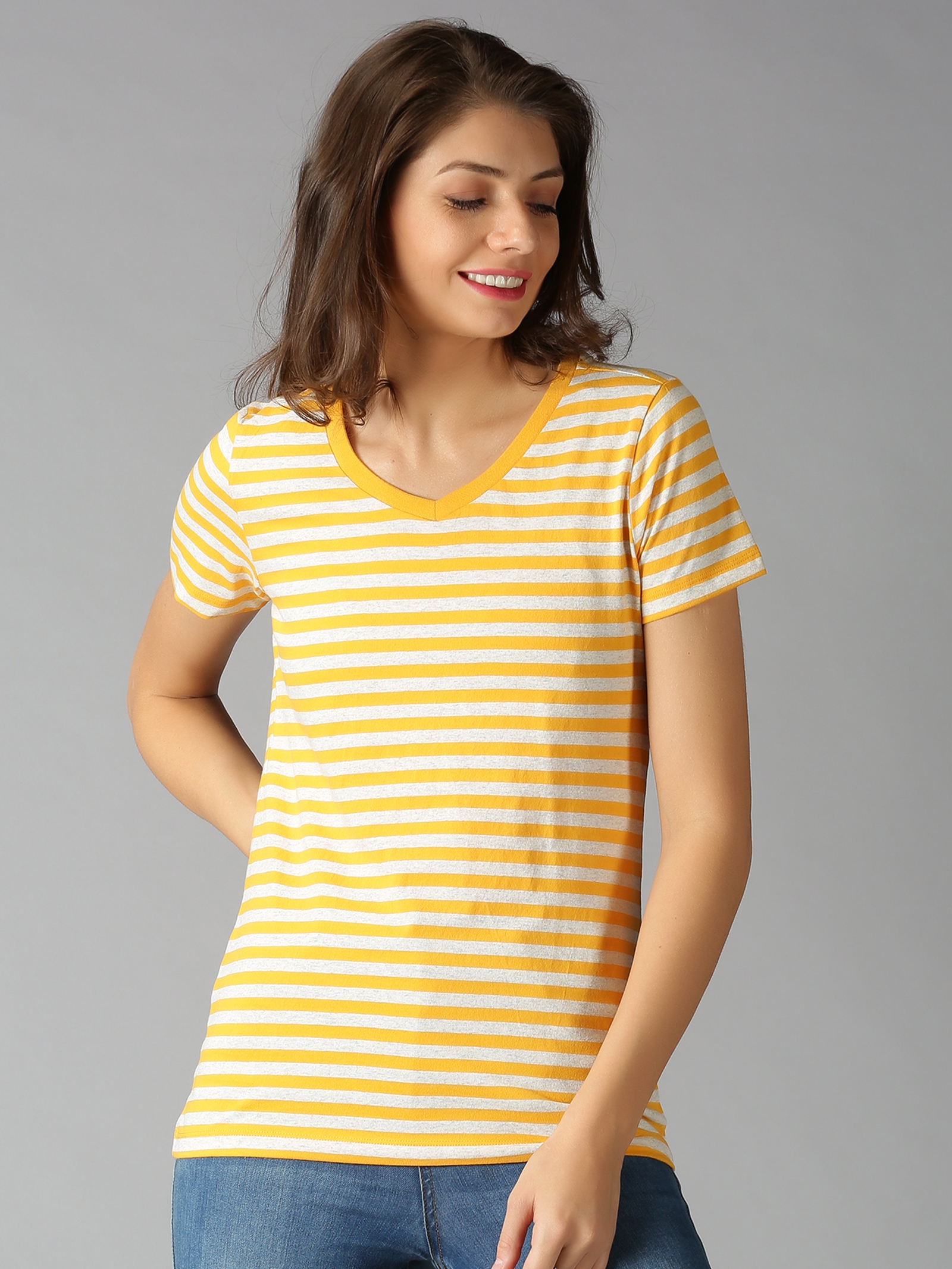 UrGear Women Yellow Striped Casual T-Shirt