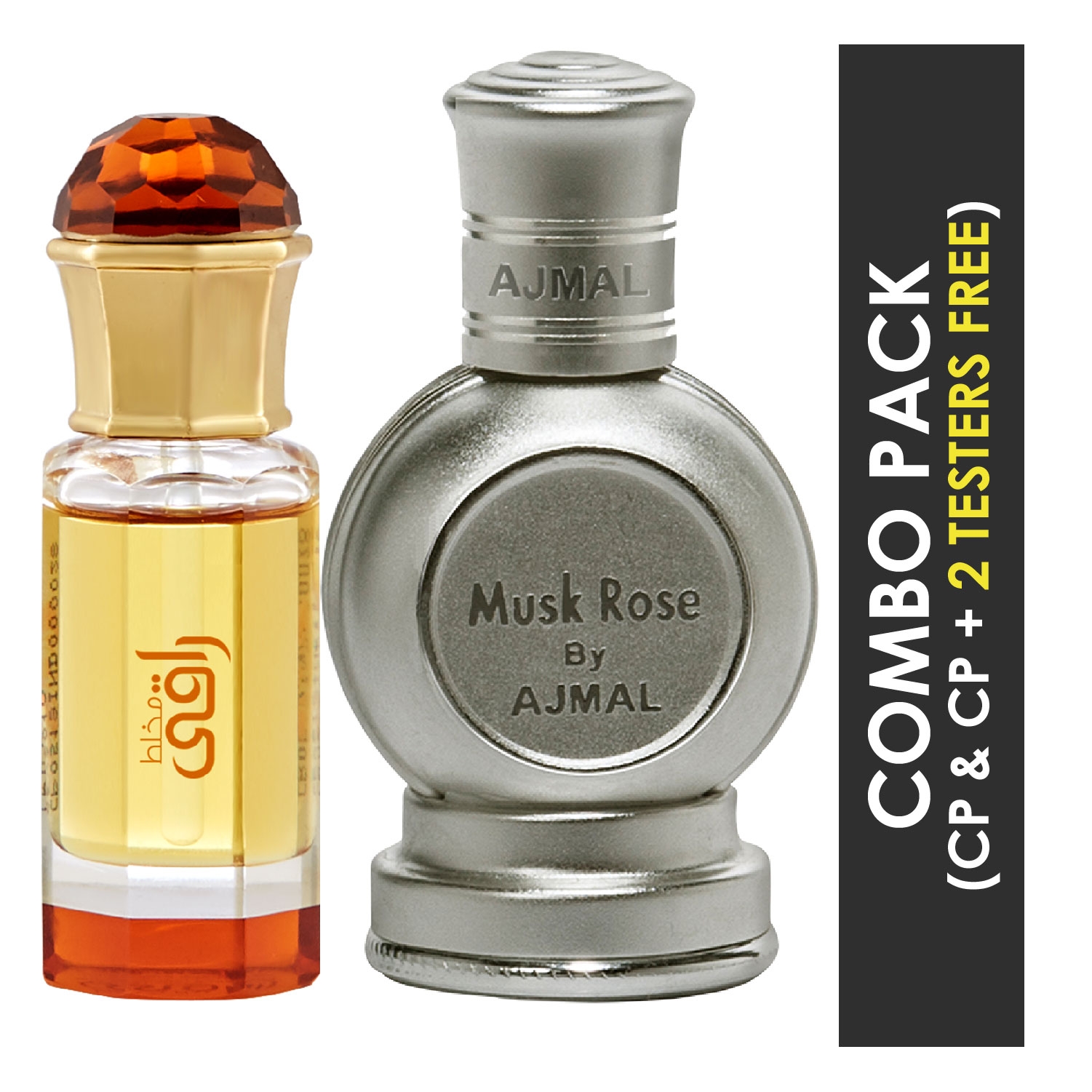 Ajmal | Ajmal Mukhallat Raaqi Concentrated Perfume Attar 10ml for Unisex and Musk Rose Concentrated Perfume Attar 12ml for Unisex + 2 Parfum Testers FREE