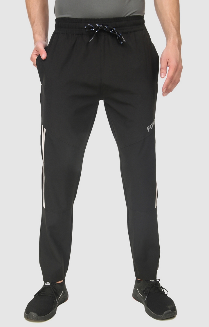 Fitinc | Fitinc NS Lycra Double Stripe Black Track Pant with Zipper Pockets