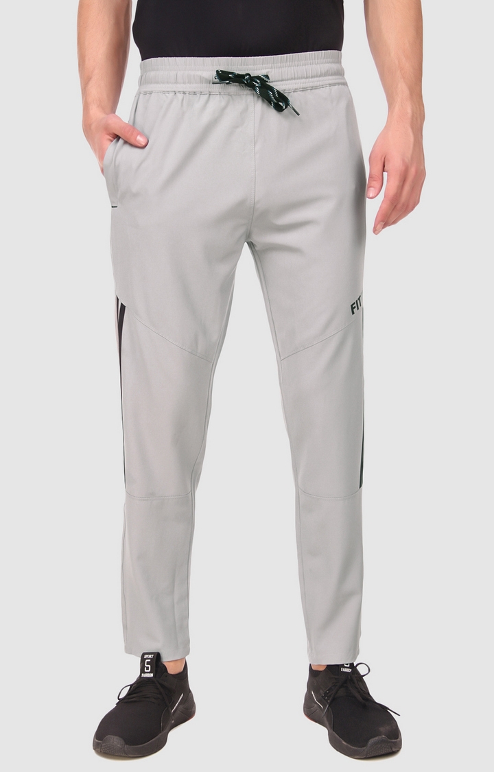 Fitinc | Fitinc NS Lycra Double Stripe Light Grey Track Pant with Zipper Pockets